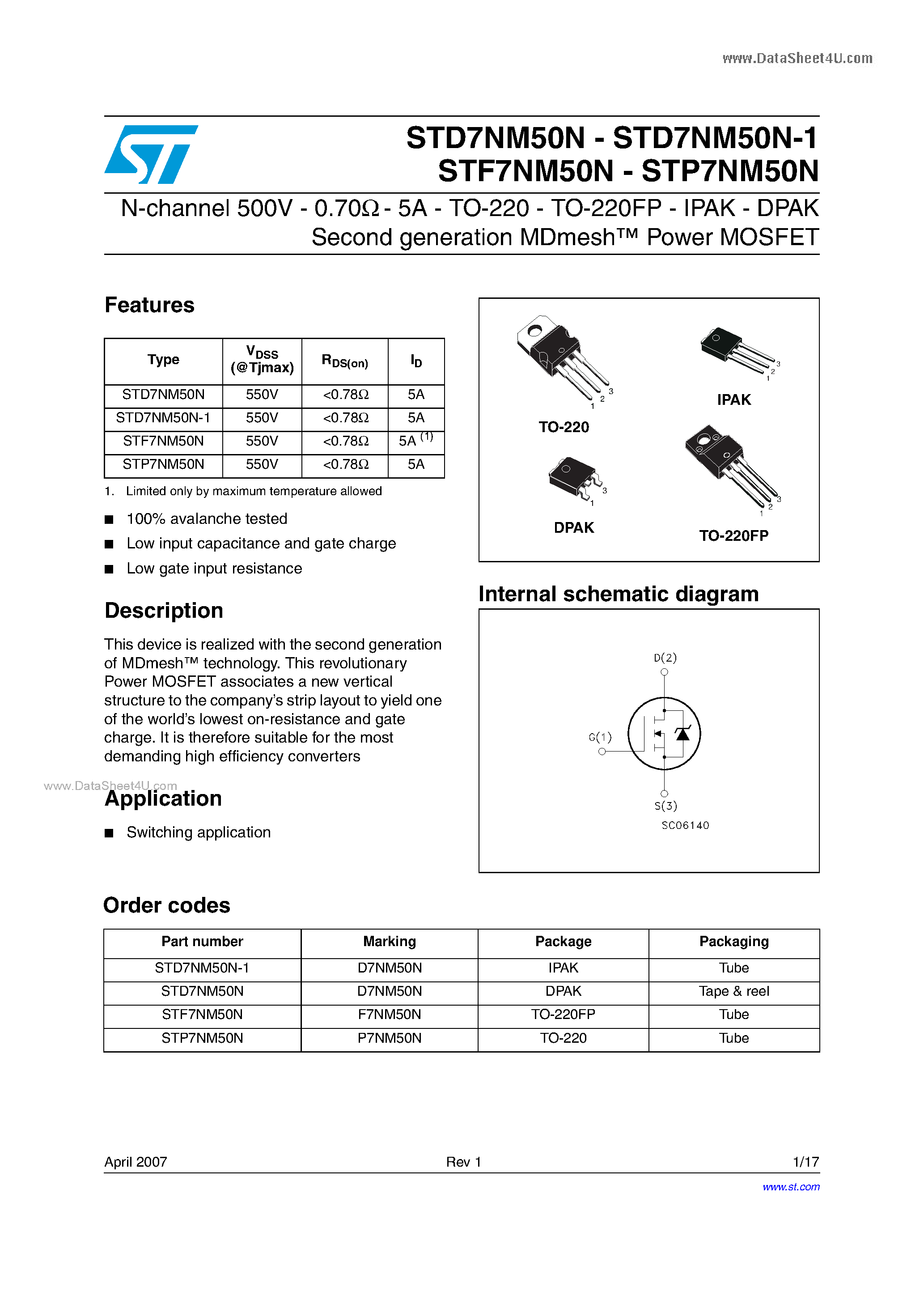 Datasheet STD7NM50N - N-channel Power MOSFET page 1