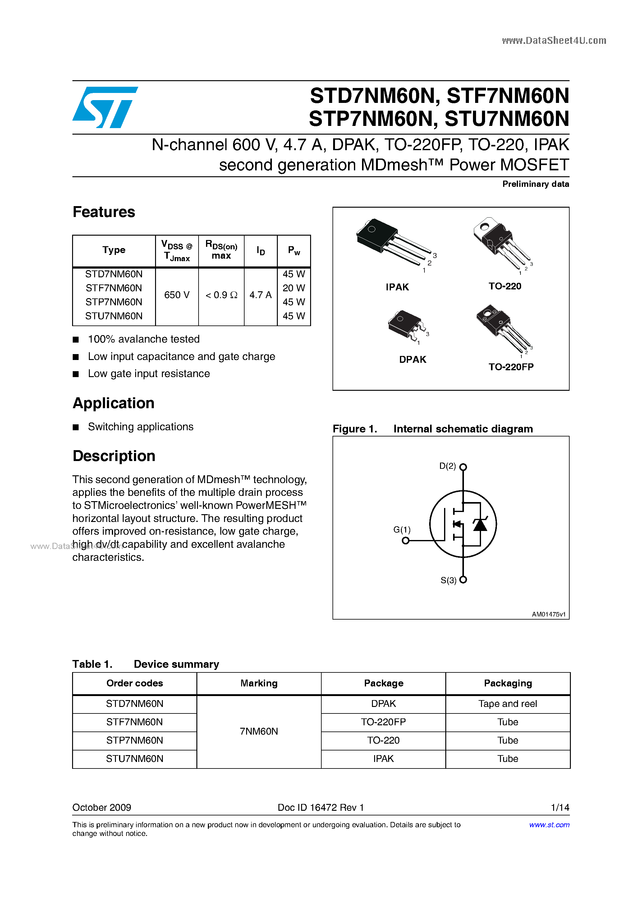 Datasheet STD7NM60N page 1 Datasheet STD7NM60N - N-channel Power MOSFET page 1