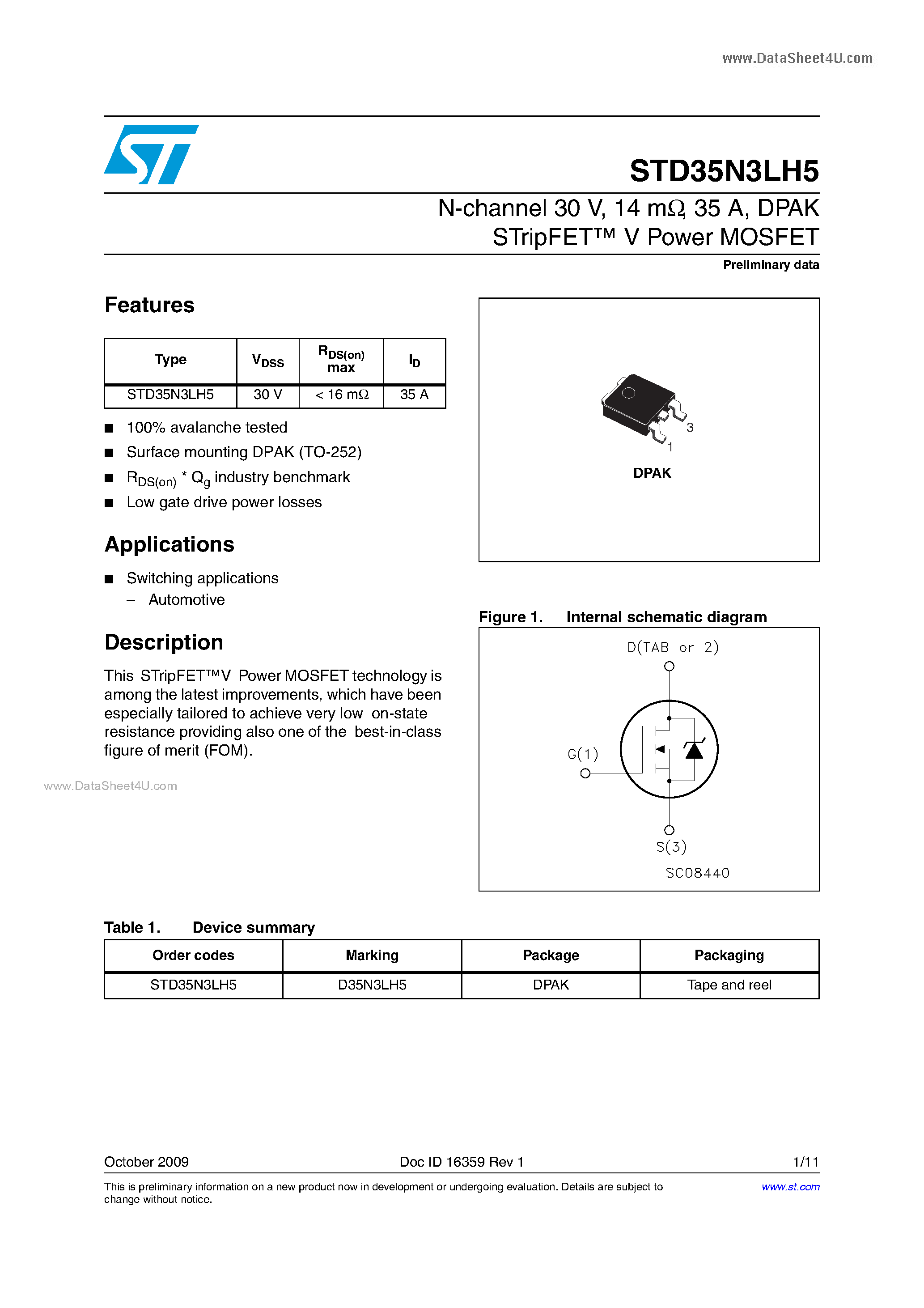 Datasheet STD35N3LH5 page 1 Datasheet STD35N3LH5 - Power MOSFETs page 1