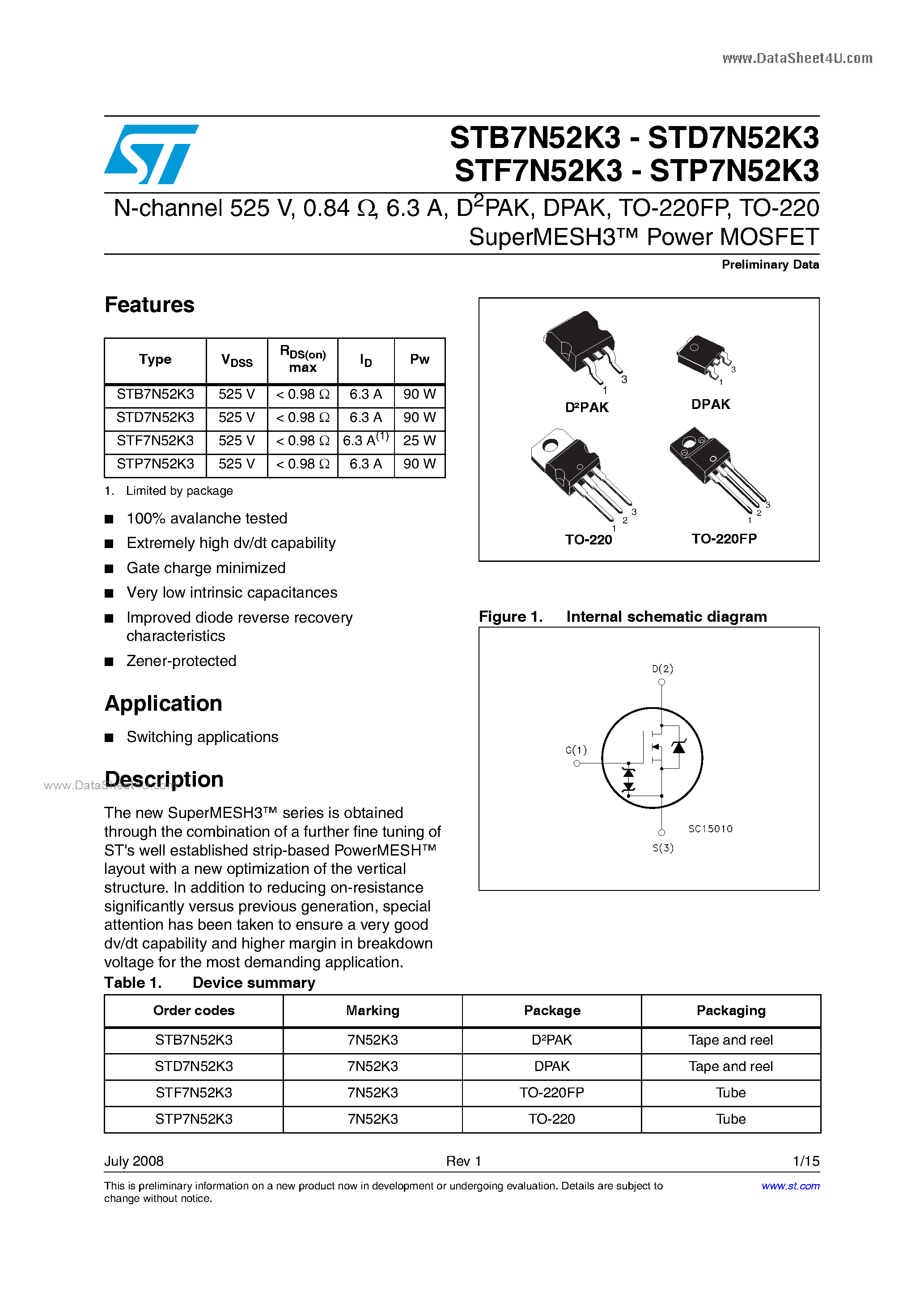 Datasheet STF7N52K3 - N-channel Power MOSFET page 1