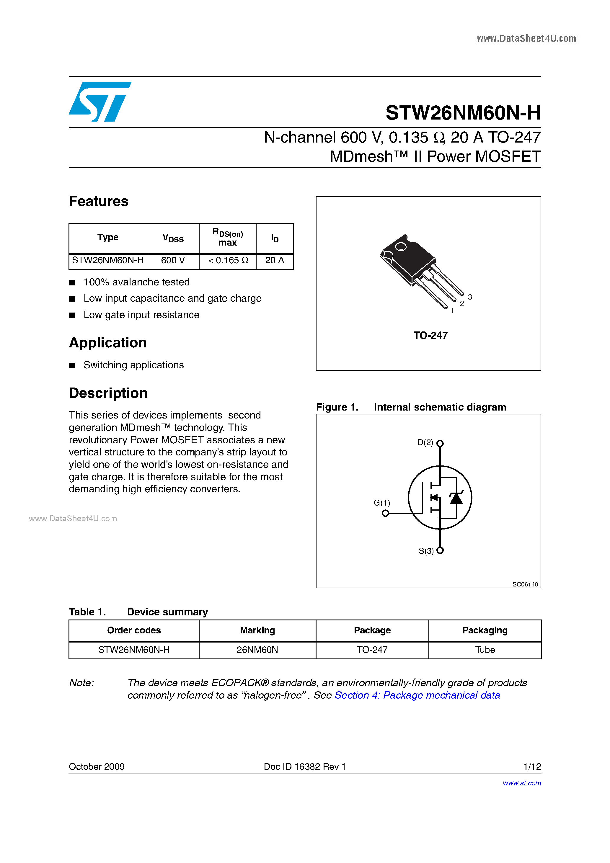 Datasheet STW26NM60-H - Power MOSFETs page 1