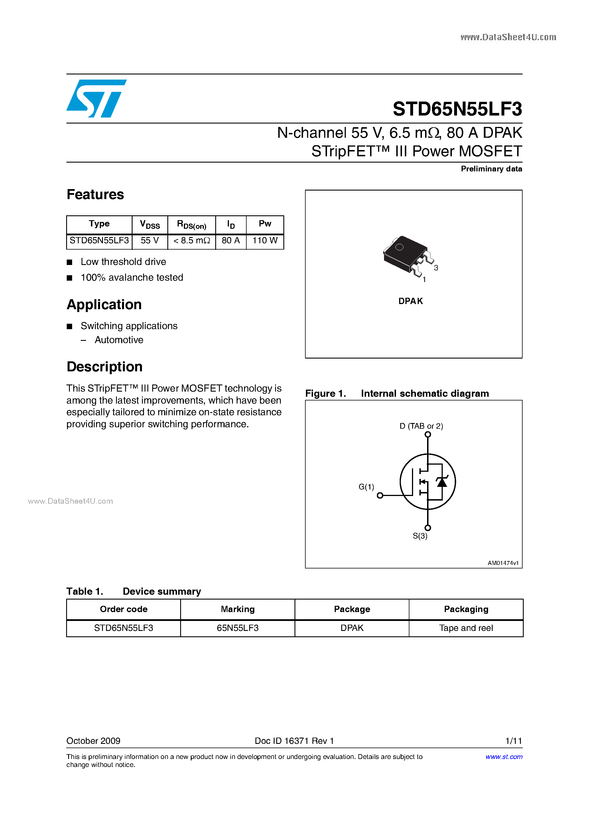 Datasheet STD65N55LF3 - Power MOSFETs page 1