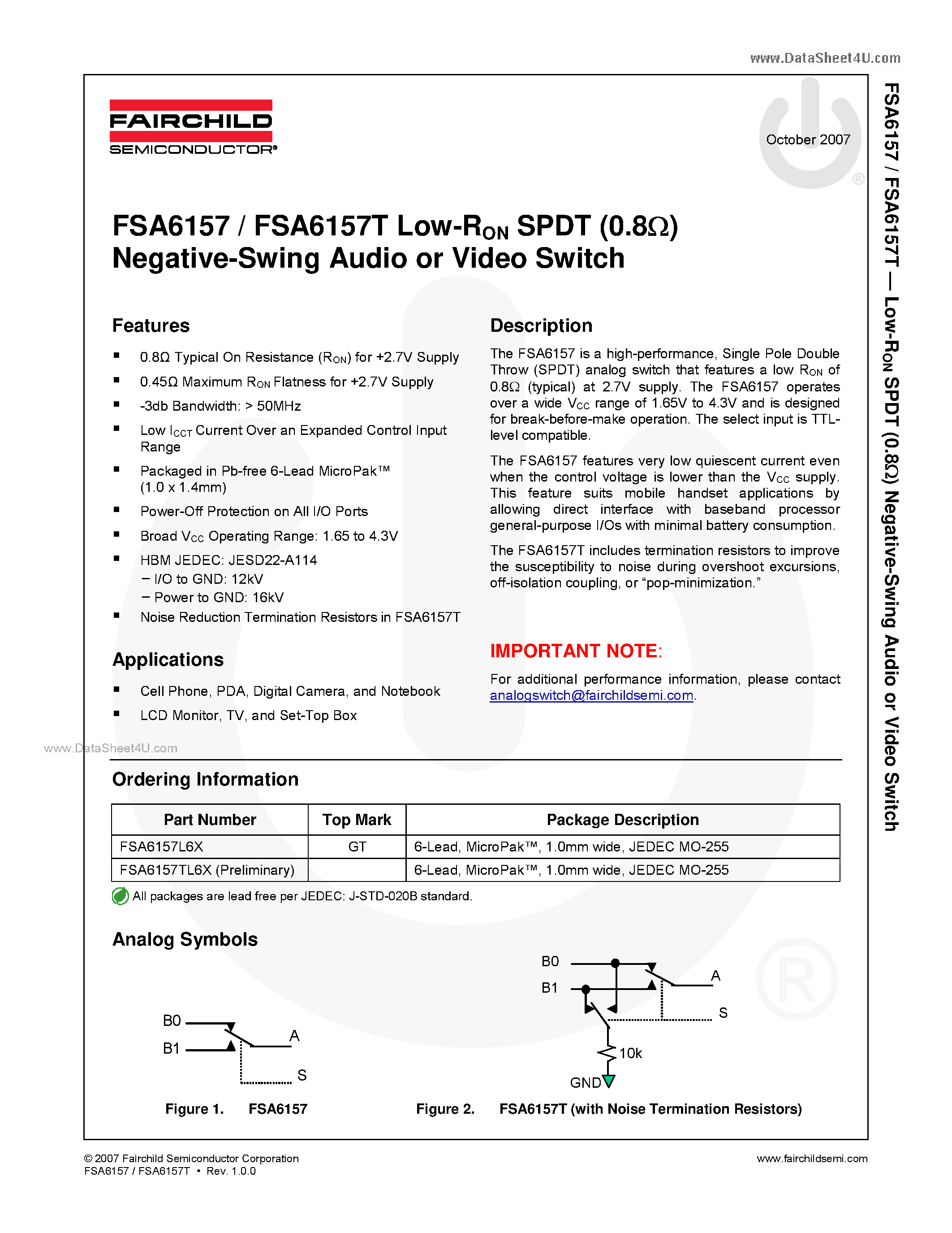 Даташит FSA6157 - Negative-Swing Audio or Video Switch страница 1