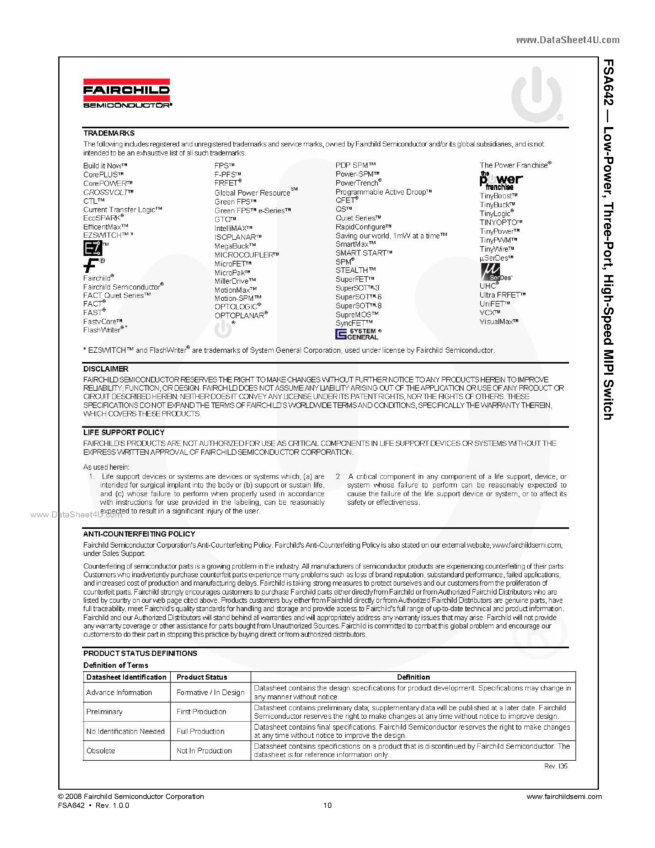 Даташит FSA642 - High-Speed MIPI Switch страница 2