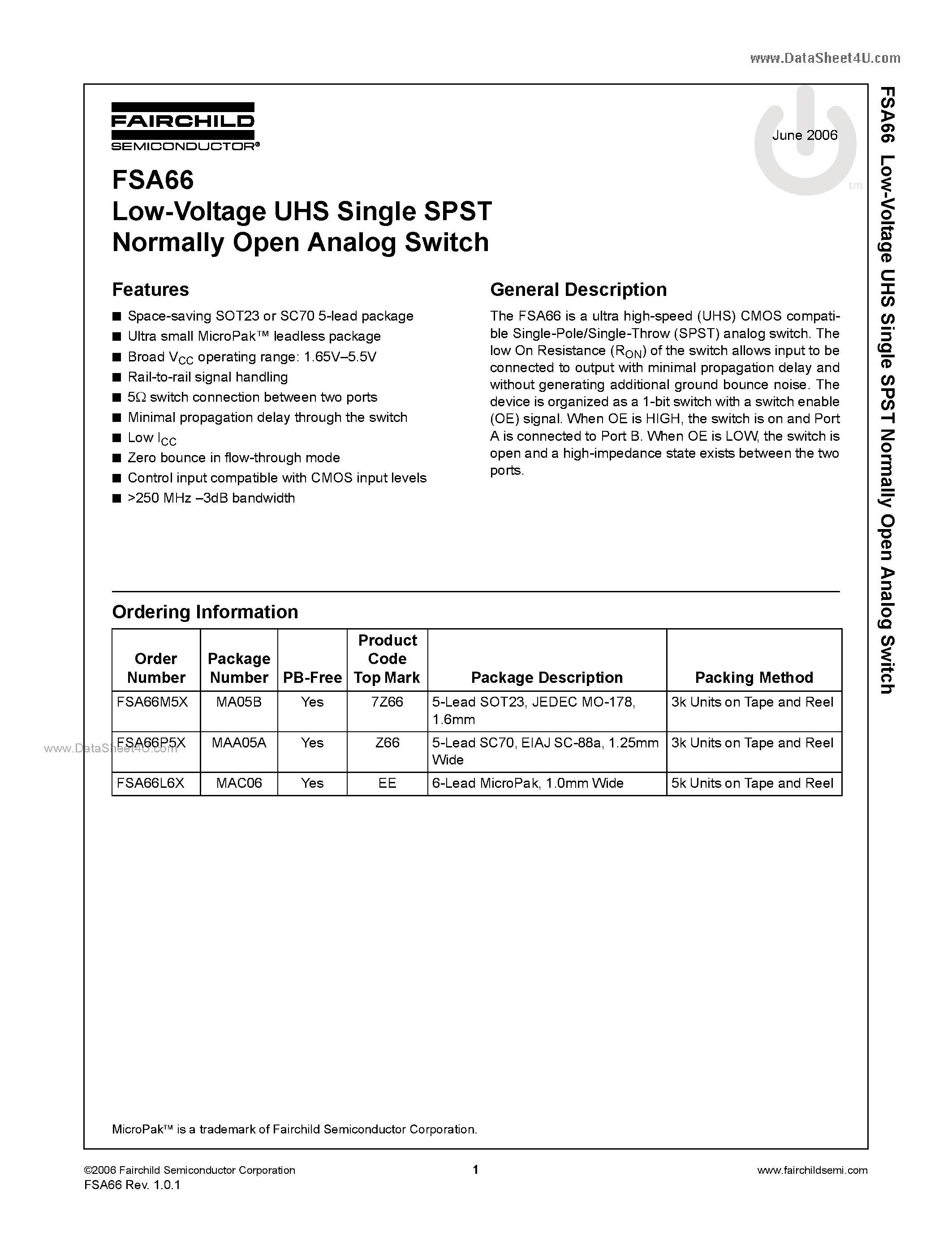 Даташит FSA66 - Low-Voltage UHS Single SPST Normally Open Analog Switch страница 1