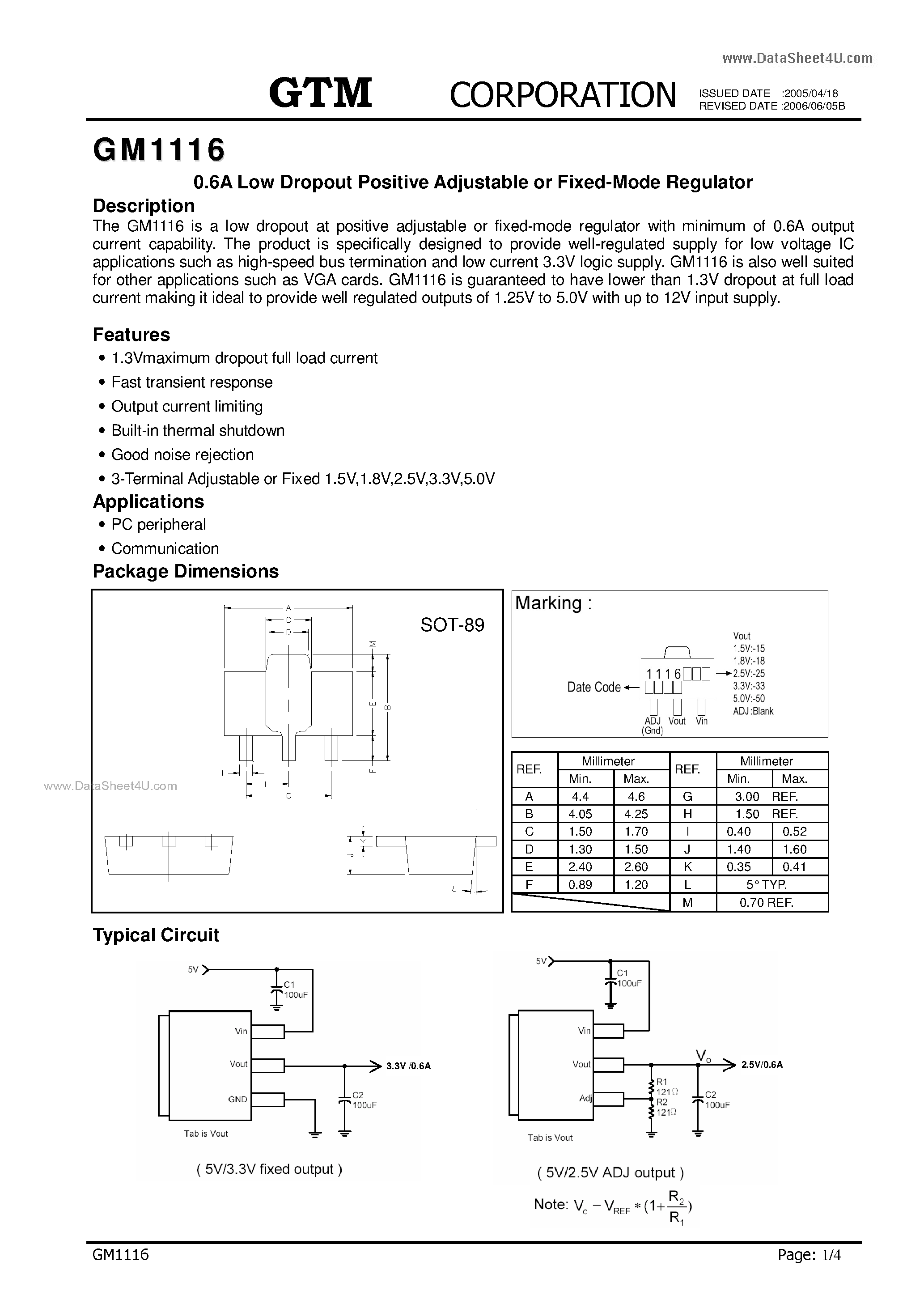 Datasheet GM1116 page 1 Datasheet GM1116 - 0.6A Low Dropout Positive Adjustable or Fixed-Mode Regulator page 1