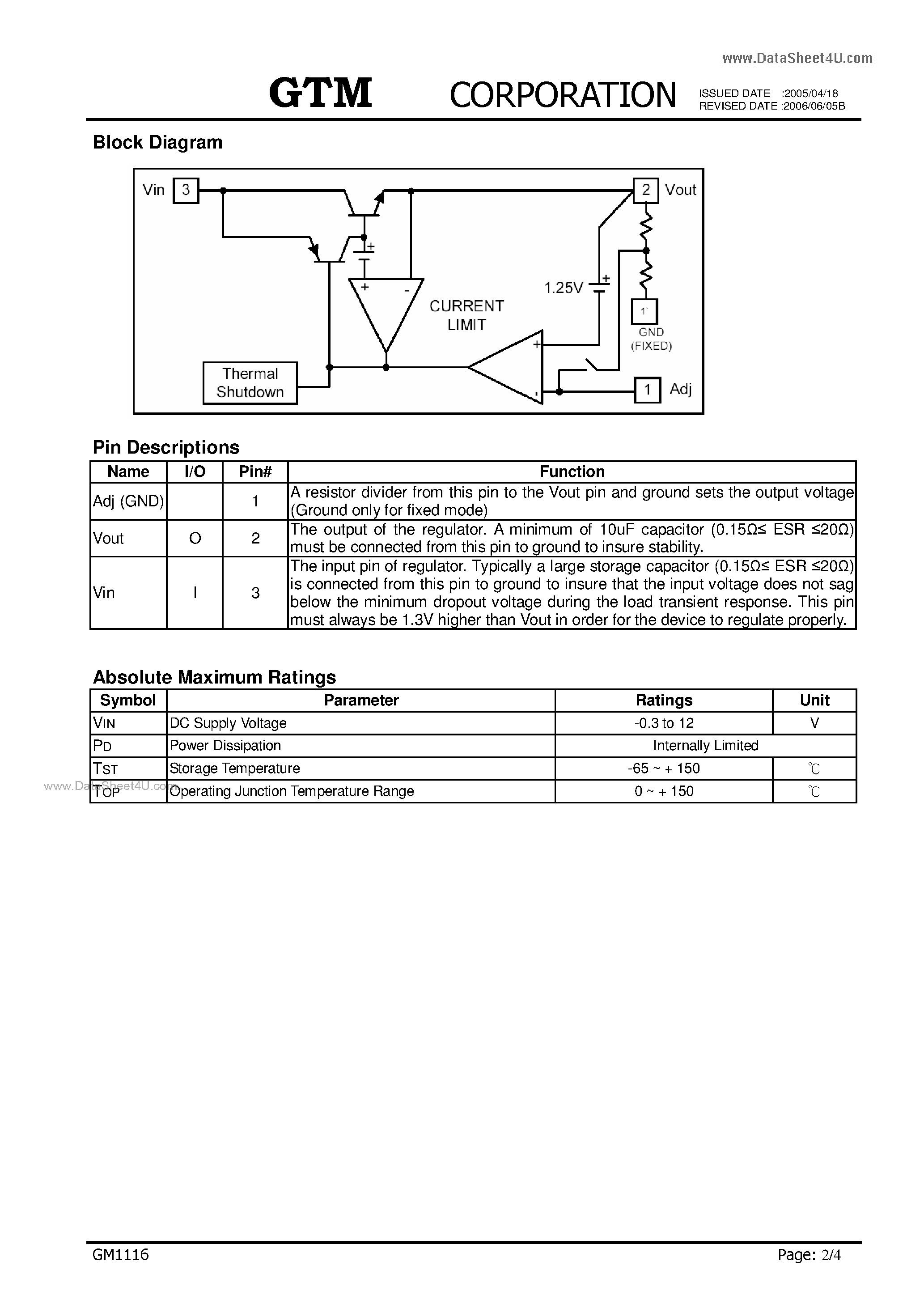 Datasheet GM1116 page 2 Datasheet GM1116 - 0.6A Low Dropout Positive Adjustable or Fixed-Mode Regulator page 2