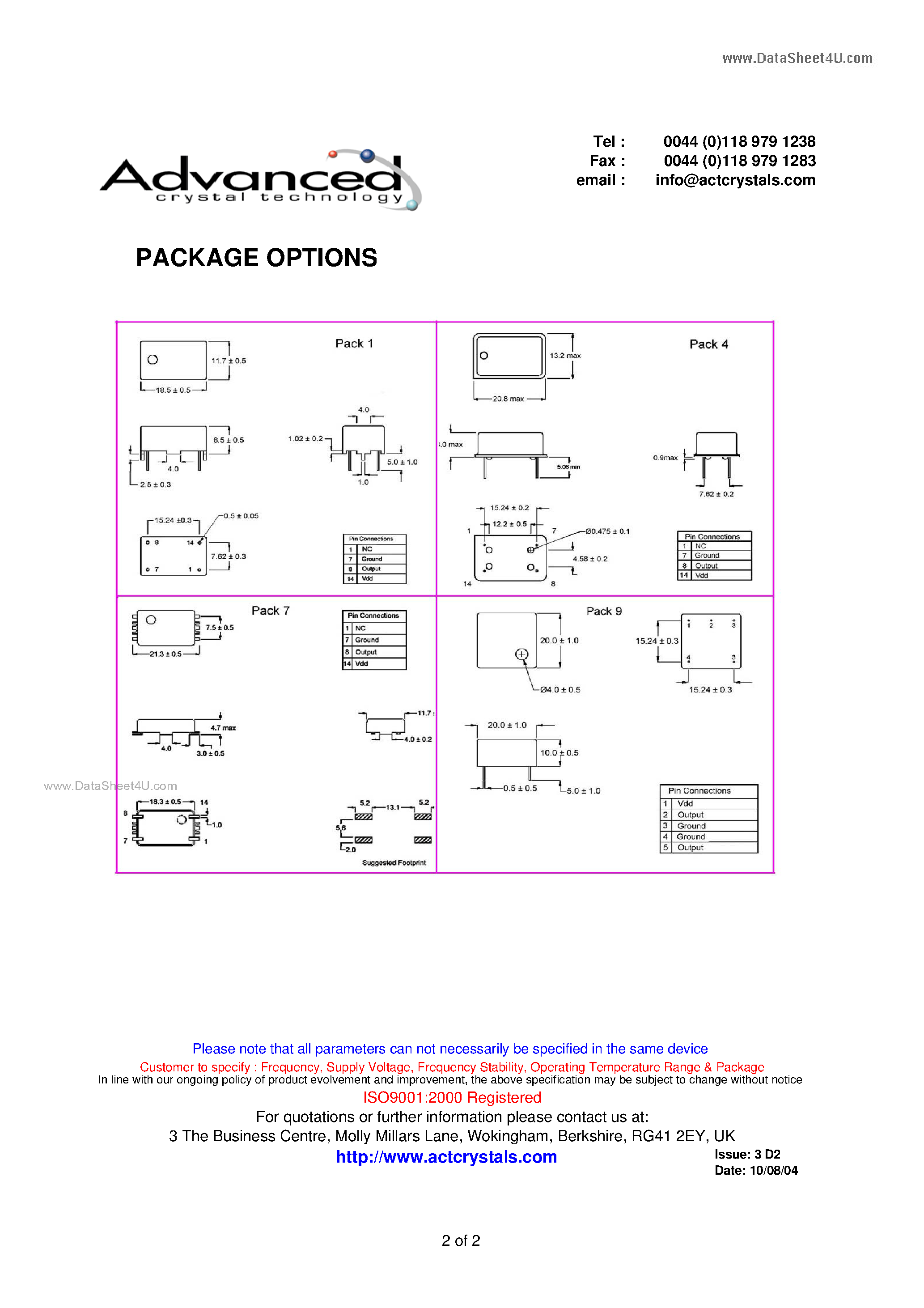 Datasheet ACT3000 - TCXOs and VCTCXOs housed in a variety of Surface Mount and Through Hole packages page 2