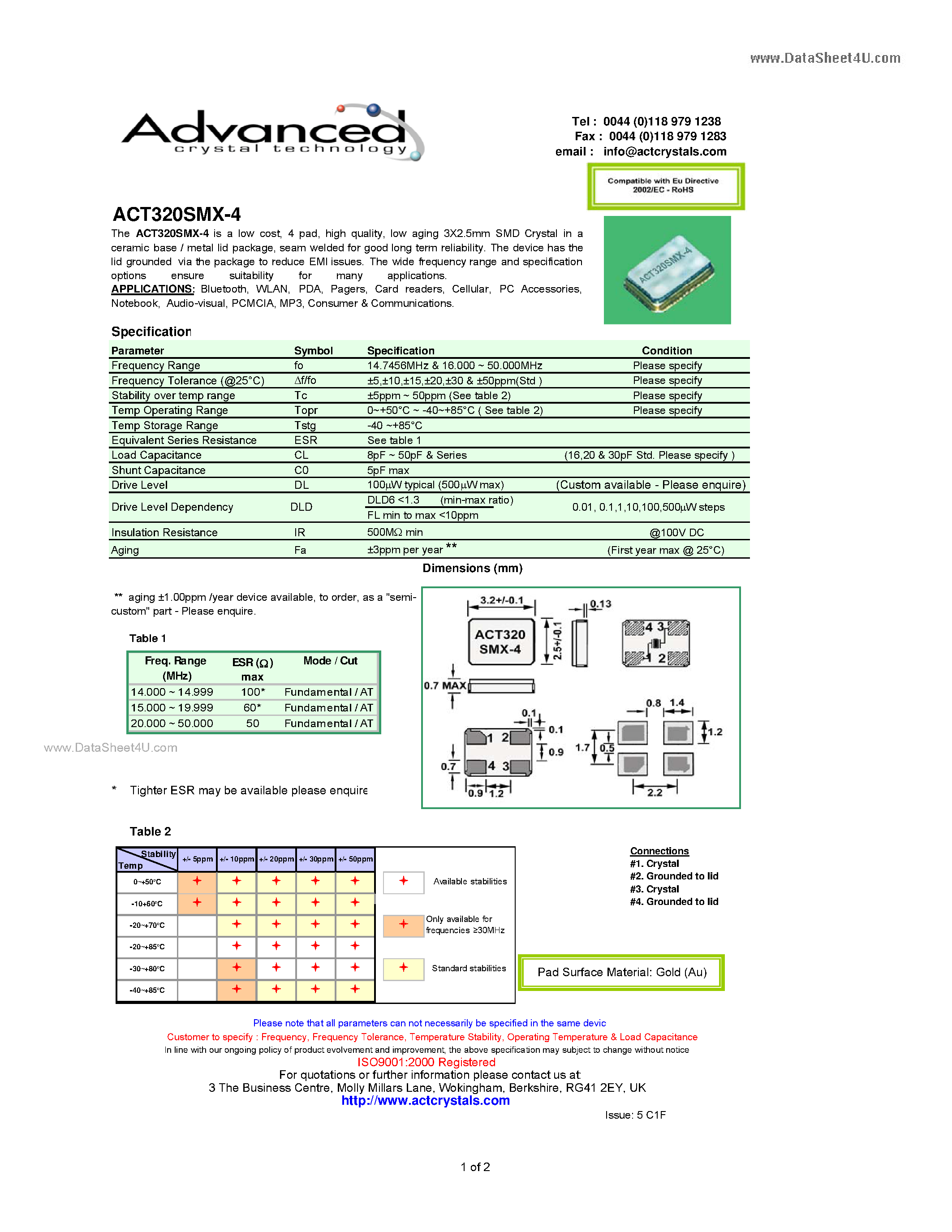 Даташит ACT320SMX-4 - low aging 3X2.5mm SMD Crystal страница 1