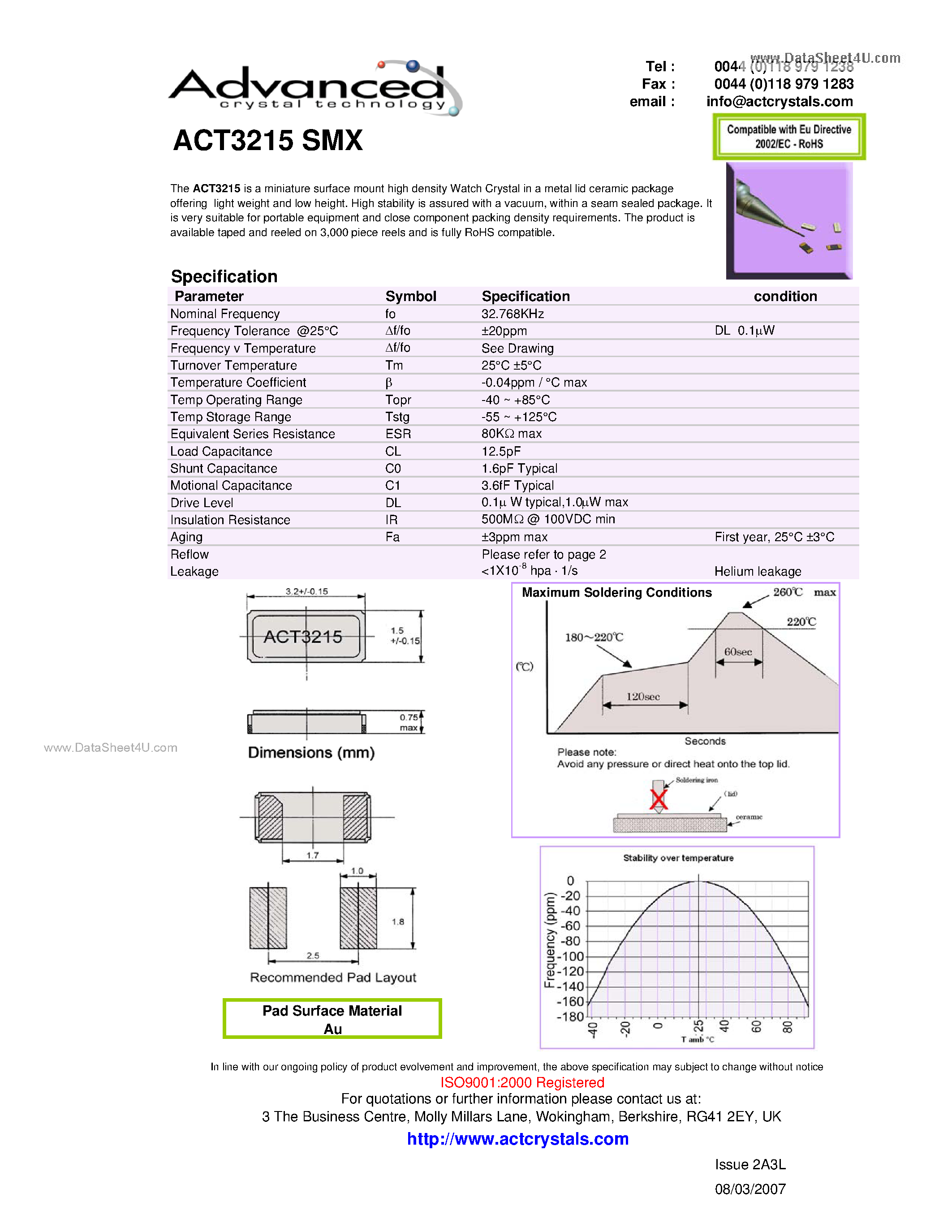 Datasheet ACT3215 - surface mount high density Watch Crystal page 1