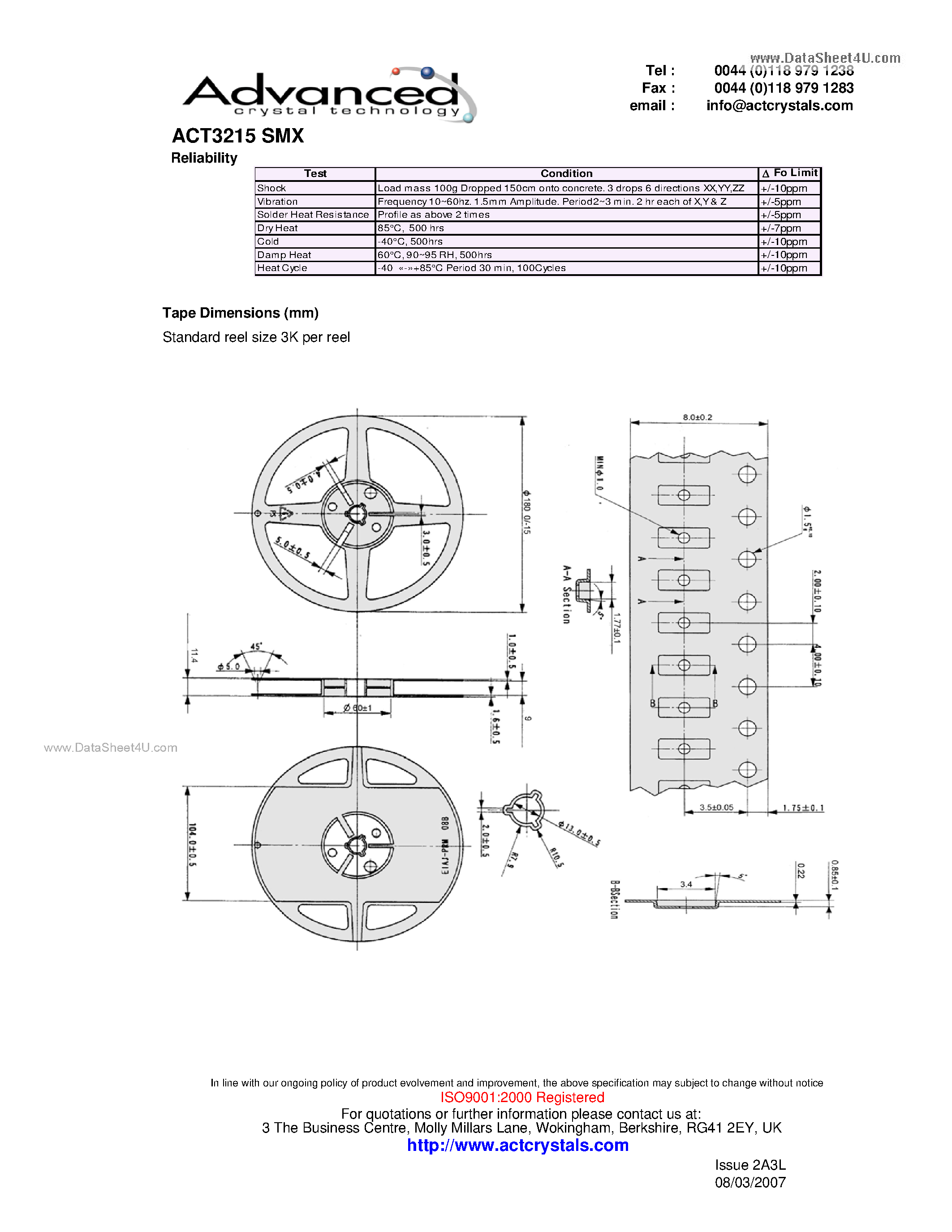Datasheet ACT3215 - surface mount high density Watch Crystal page 2