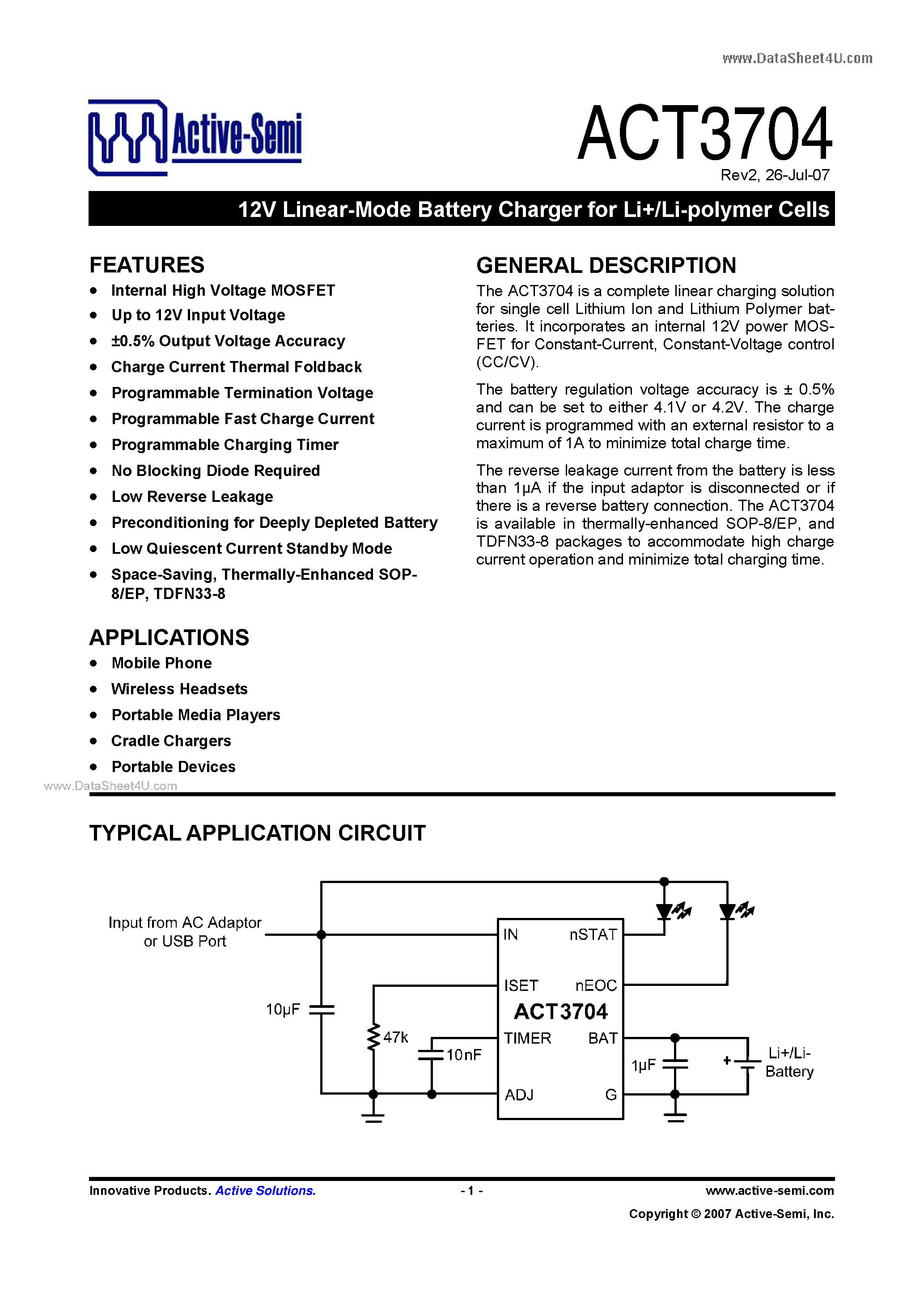 Даташит на микросхему ACT3704 страница 1 Даташит ACT3704 - 12V Linear-Mode Battery Charger страница 1