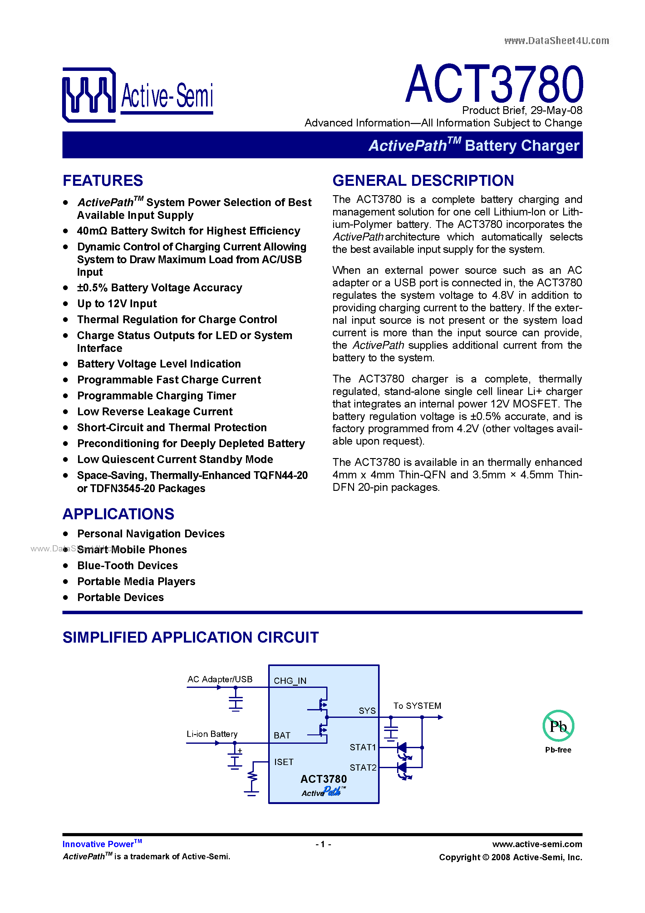 Даташит ACT3780 - Battery Charger страница 1