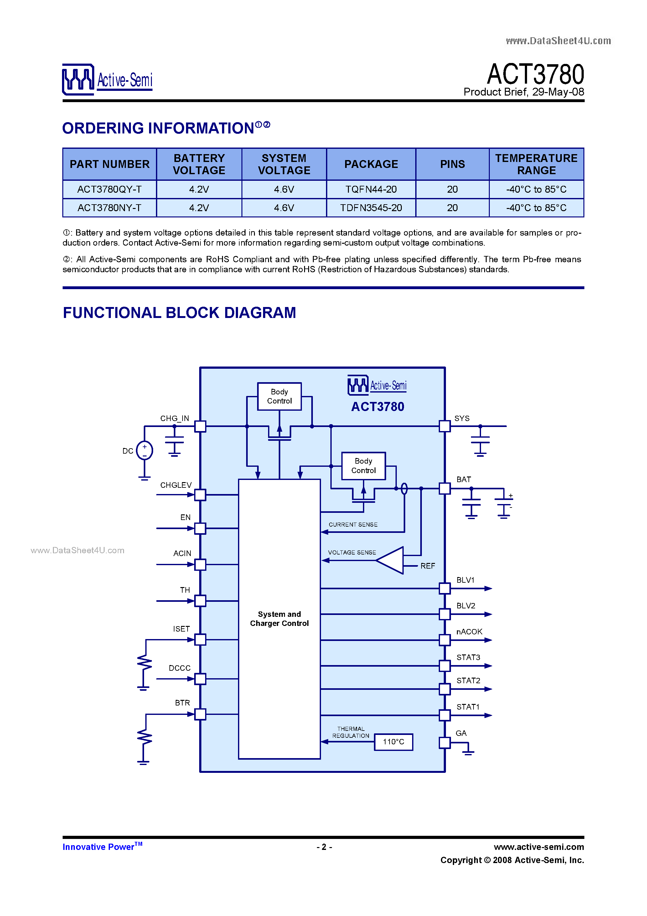 Даташит ACT3780 - Battery Charger страница 2