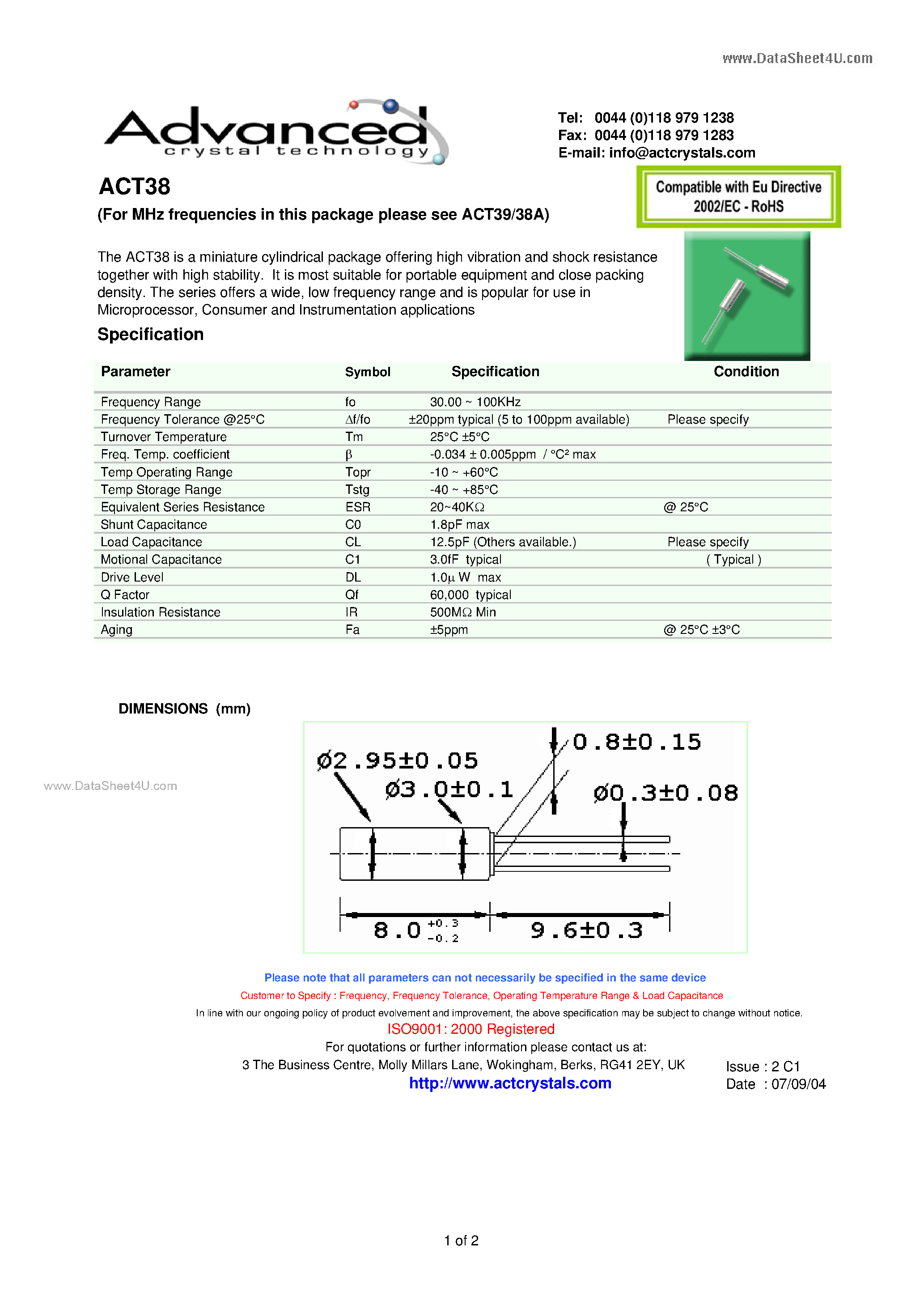 Даташит на микросхему ACT38 страница 1 Даташит ACT38 - a miniature cylindrical страница 1