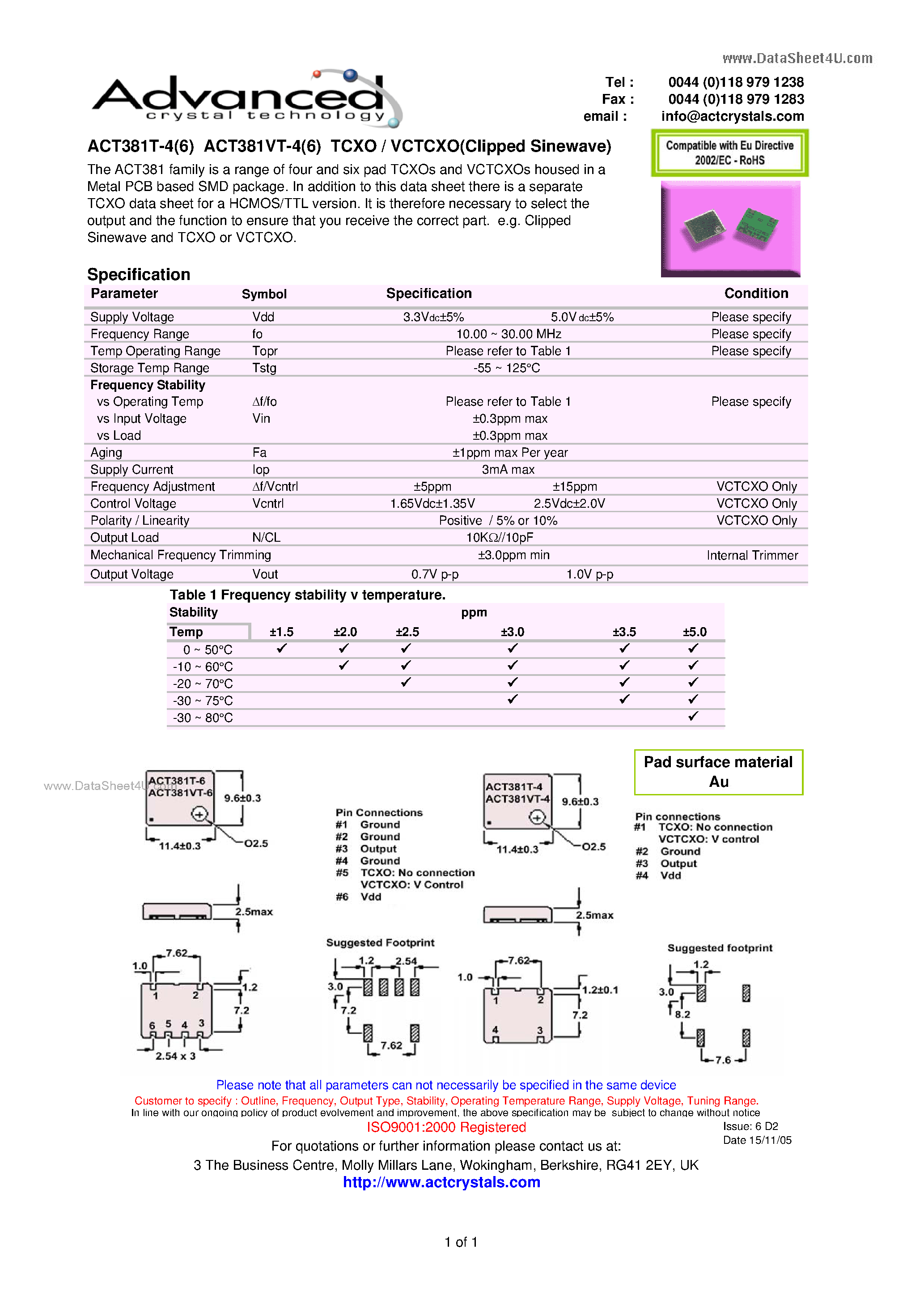 Даташит на микросхему ACT381T страница 1 Даташит ACT381T - ange of four and six pad TCXOs and VCTCXOs страница 1
