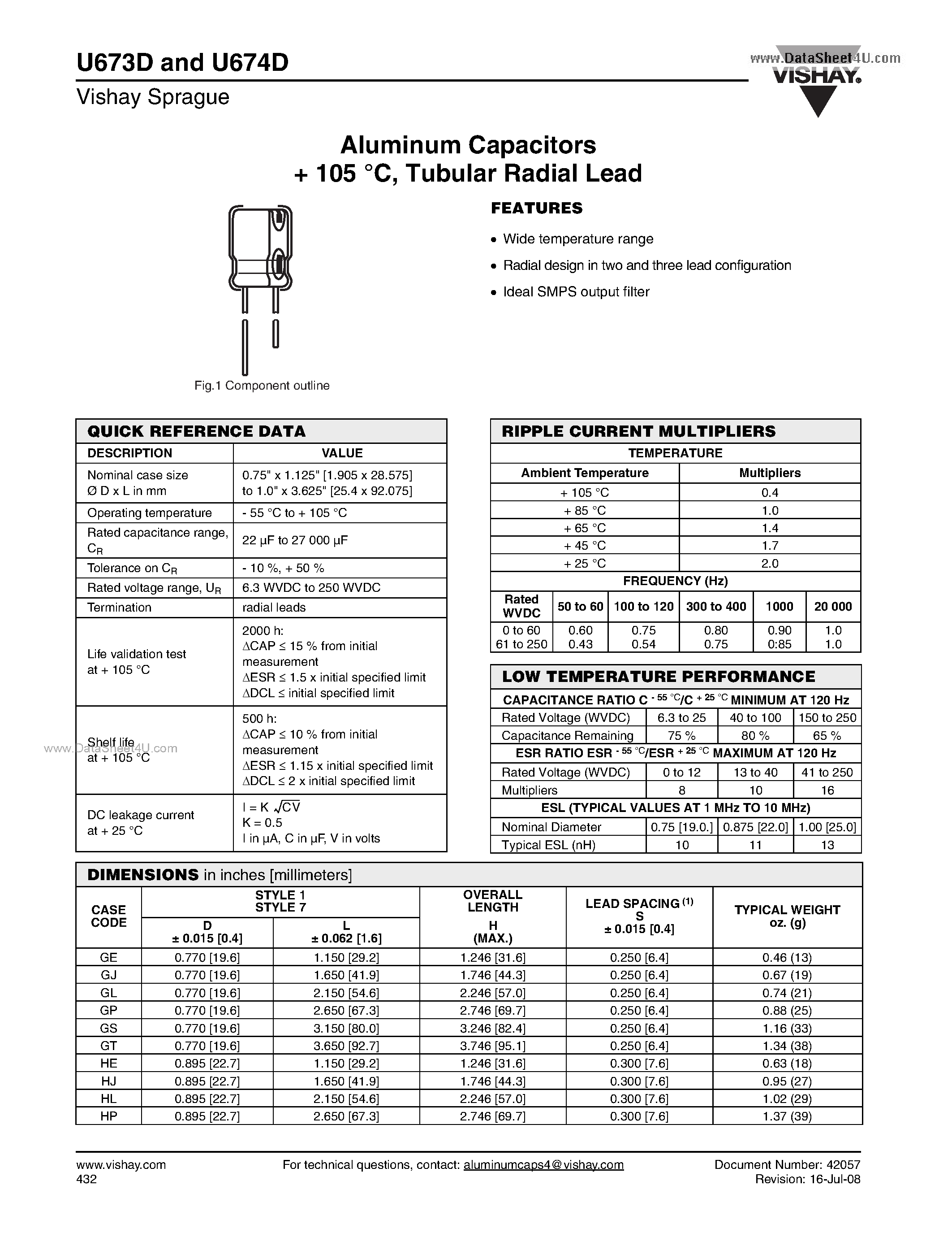 Datasheet U673D - (U673D / U674D) Aluminum Capacitors page 1