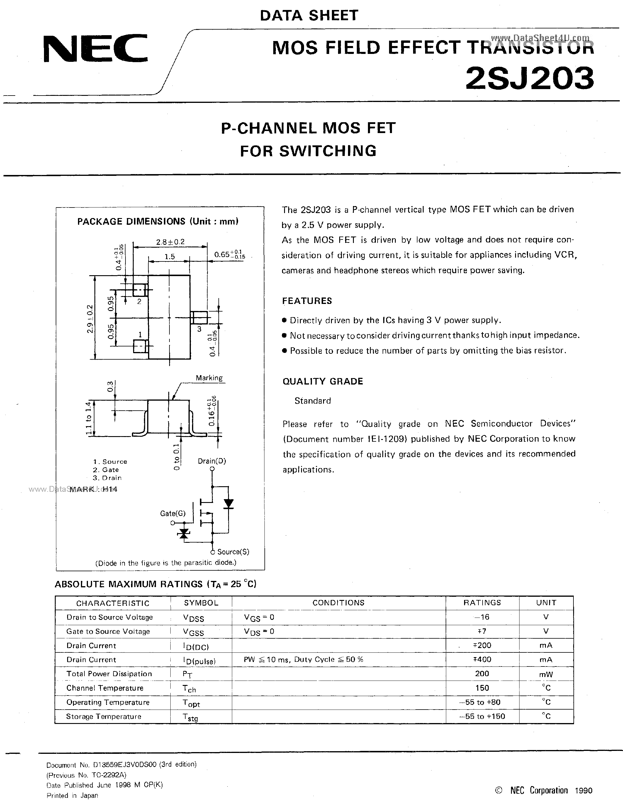 Даташит 2SJ203 - MOS FIELD EFFECT TRANSISTOR страница 1