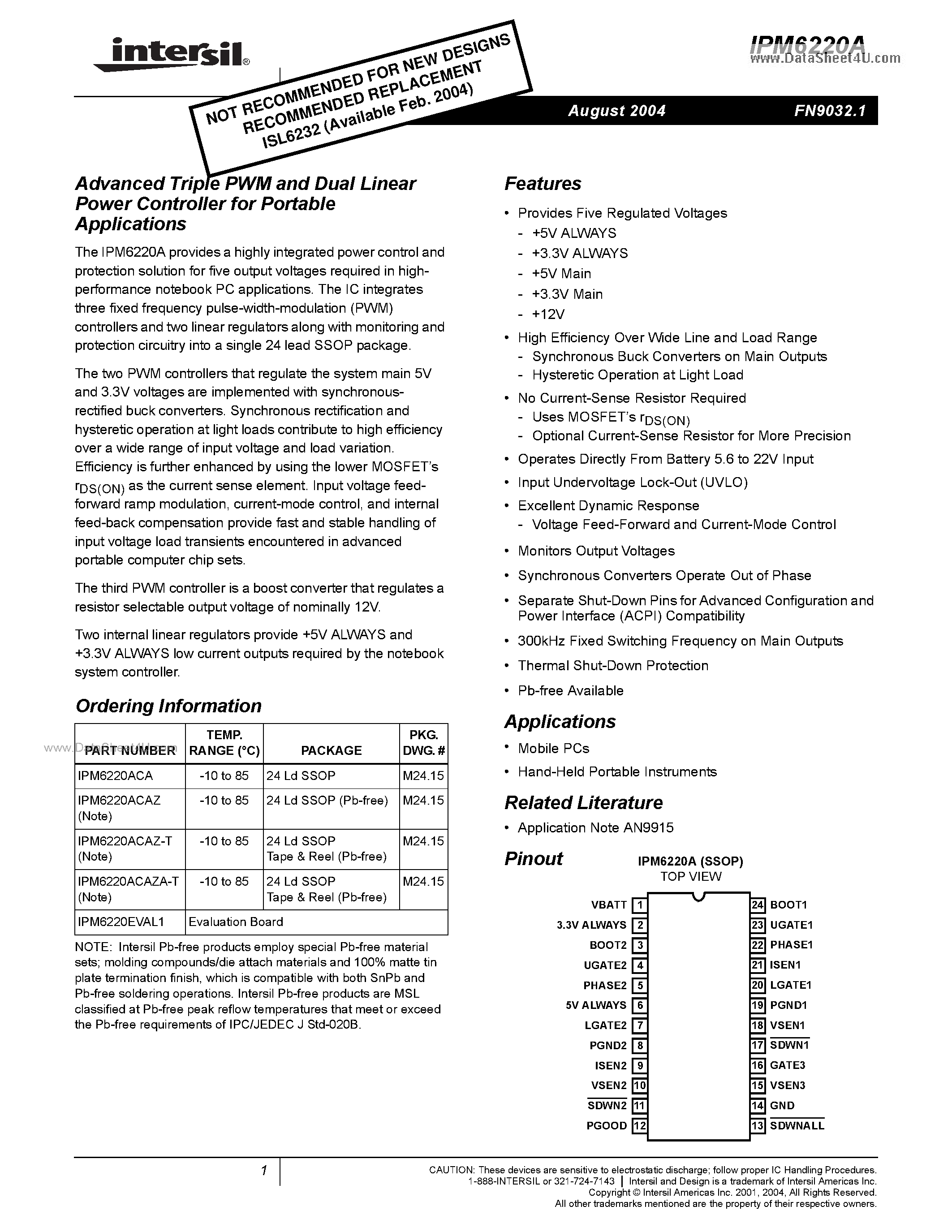 Datasheet IPM6220A page 1 Datasheet IPM6220A - Advanced Triple PWM and Dual Linear Power Controller page 1