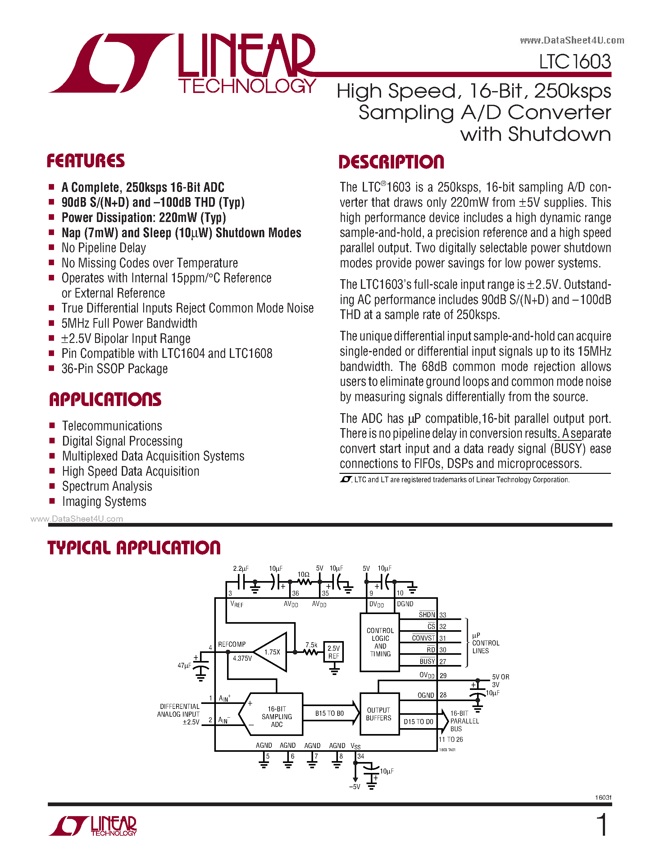 Даташит LTC1603 - 250ksps Sampling A/D Converter страница 1