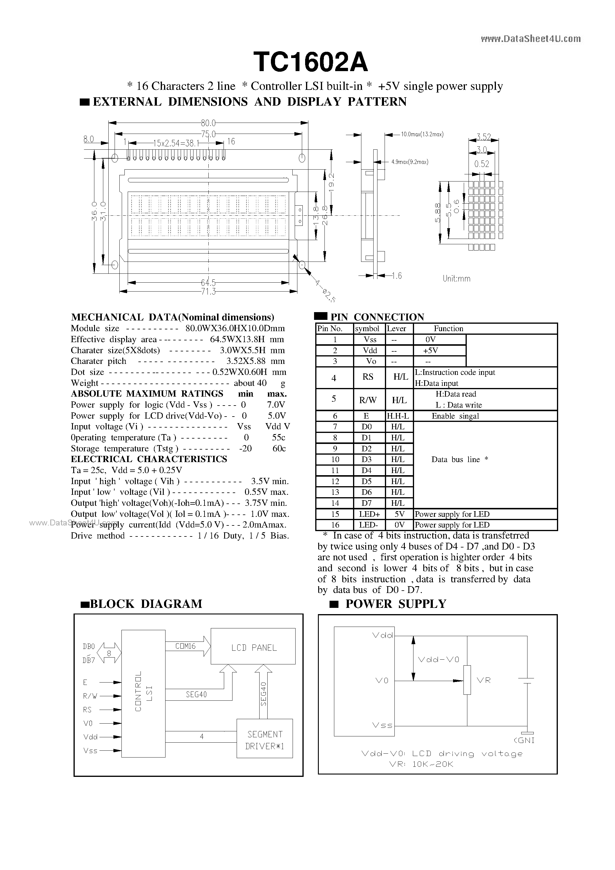 Даташит на микросхему TC1602A страница 1 Даташит TC1602A - 16 Characters 2 line страница 1