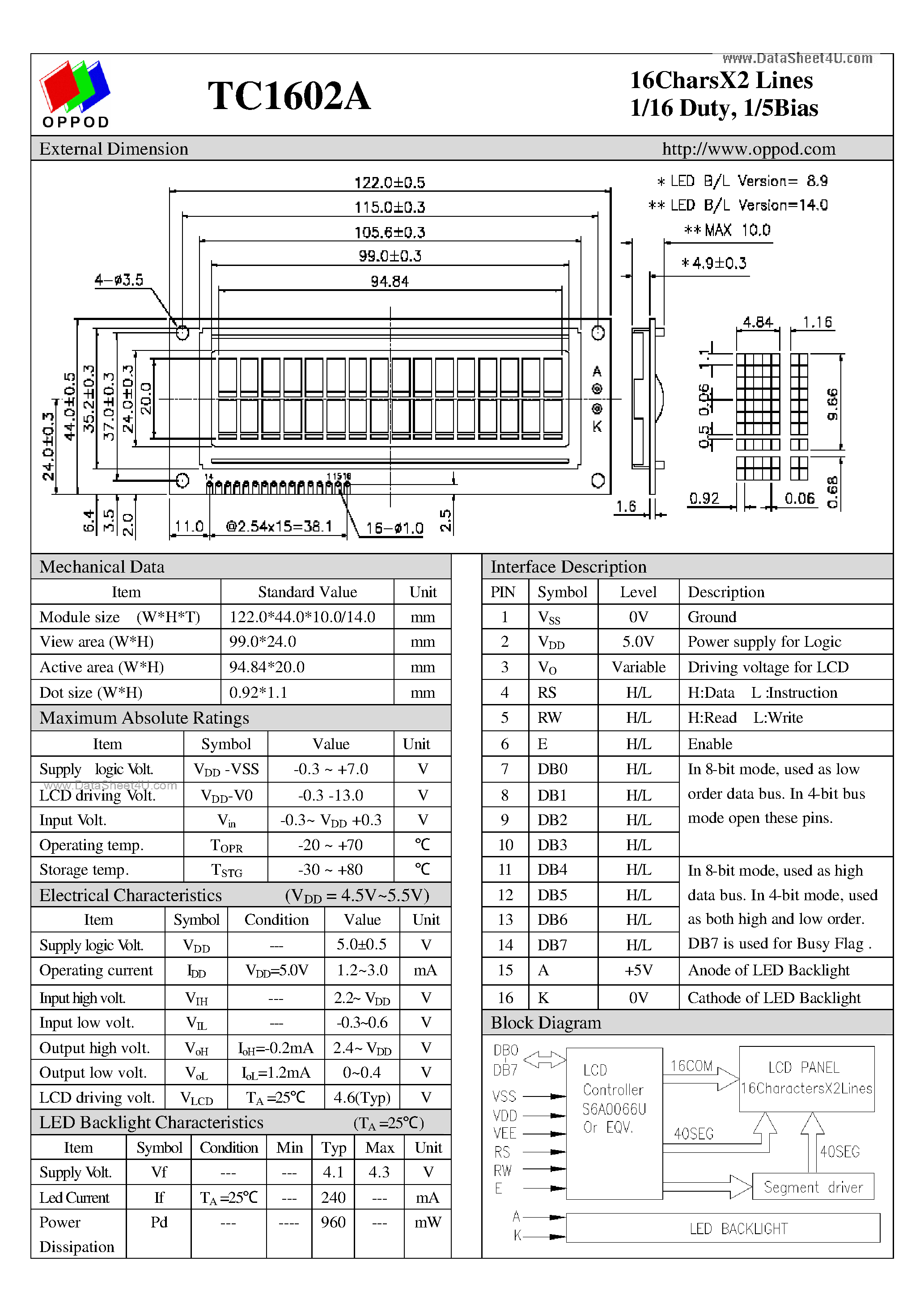 Datasheet TC1602A page 1 Datasheet TC1602A - 16Chars X2 Lines page 1