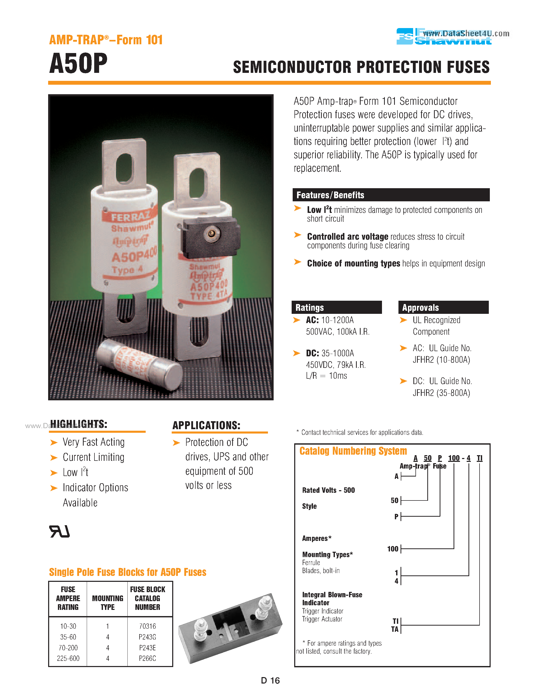 Datasheet A50P - SEMICONDUCTOR PROTECTION FUSES page 1