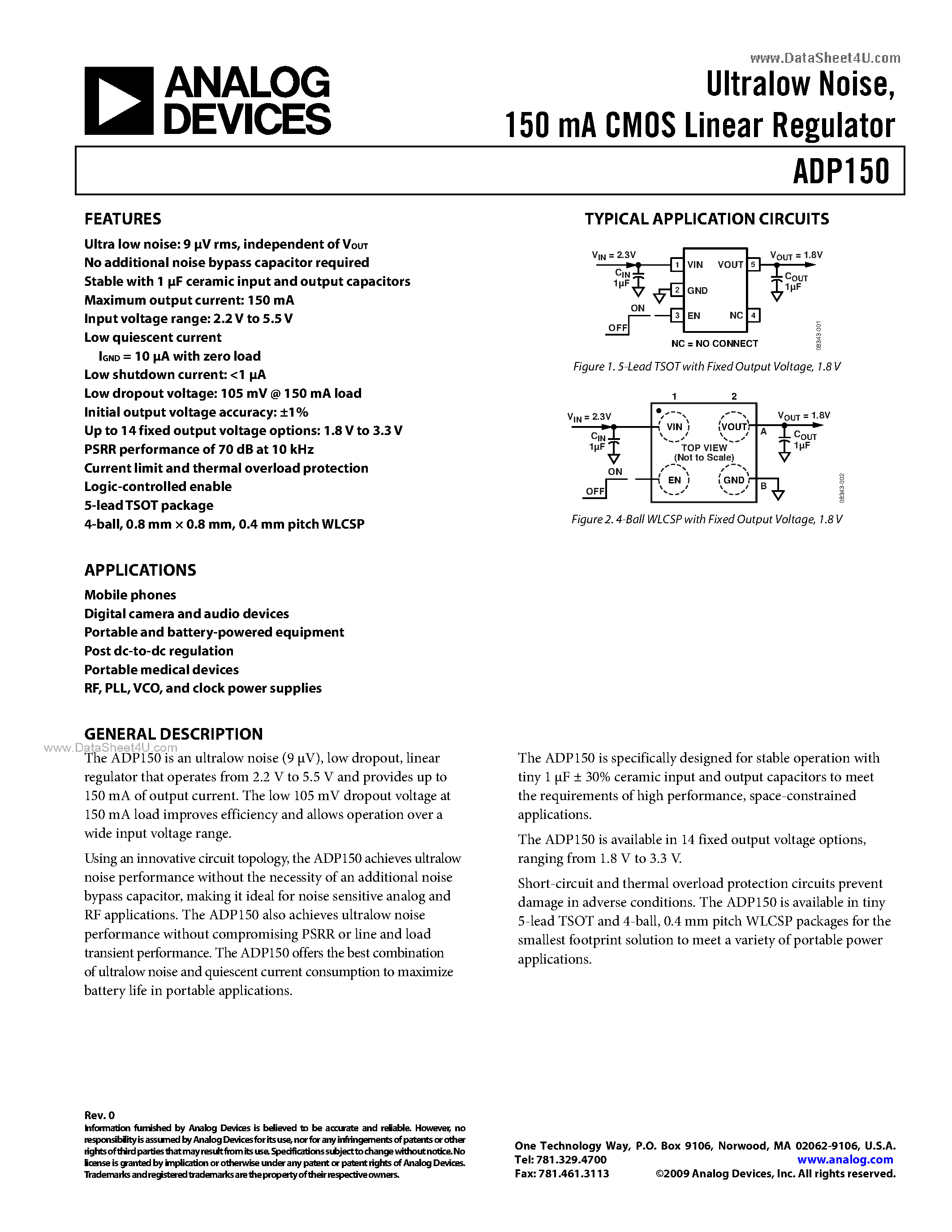 Datasheet ADP150 - 150 mA CMOS Linear Regulator page 1