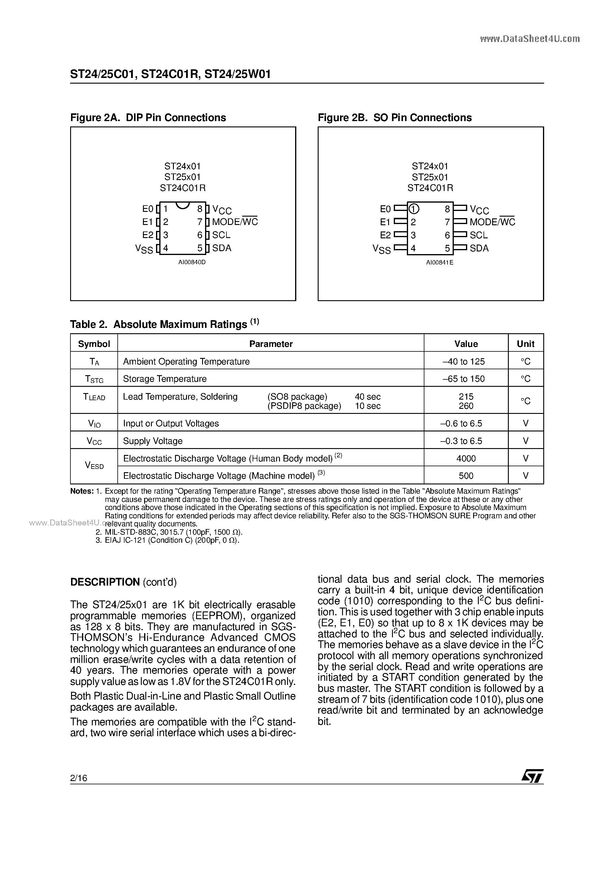 Datasheet 24C01B1 page 2 Datasheet 24C01B1 - Search -----> ST24C01B1 page 2