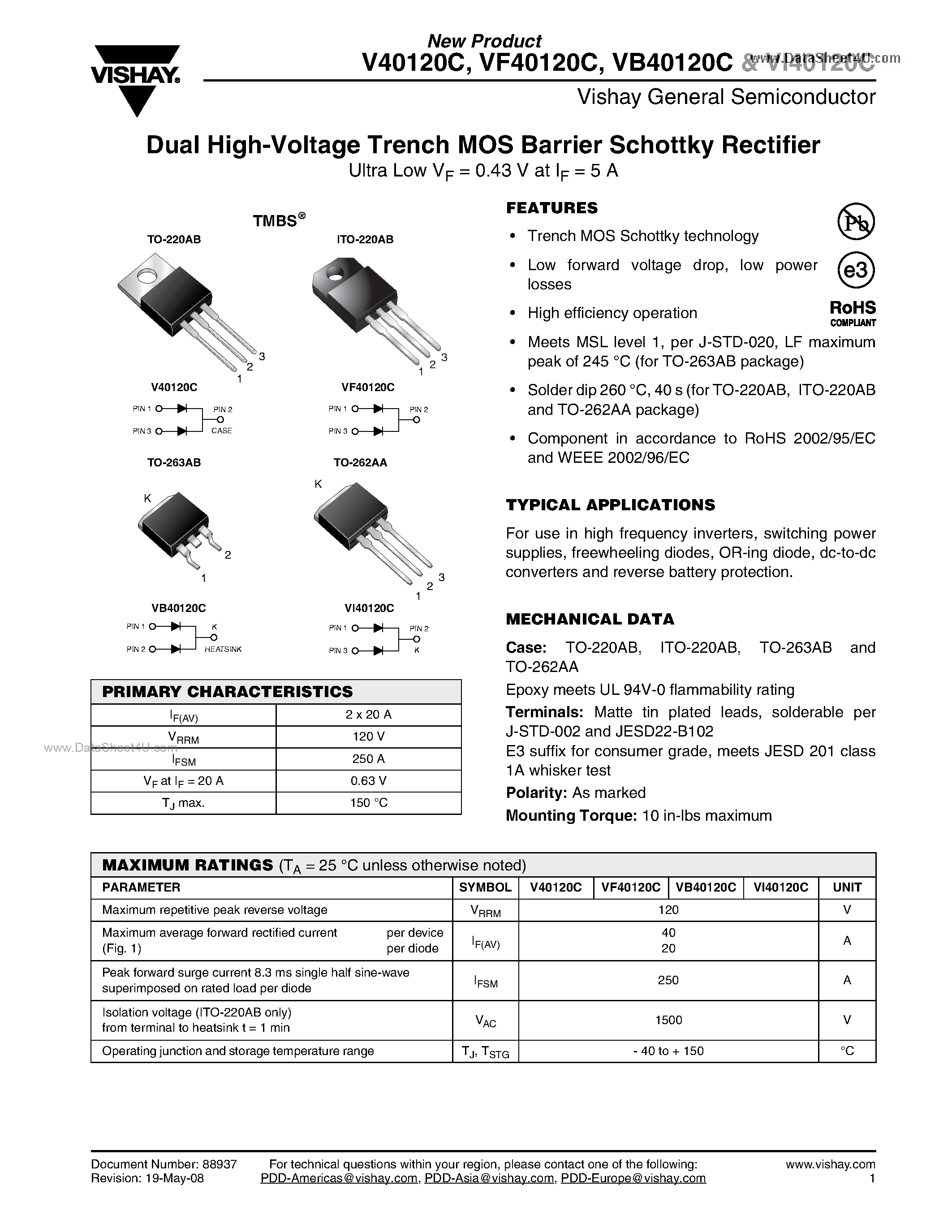 Datasheet VI40120C page 1 Datasheet VI40120C - Dual High-Voltage Trench MOS Barrier Schottky Rectifier page 1