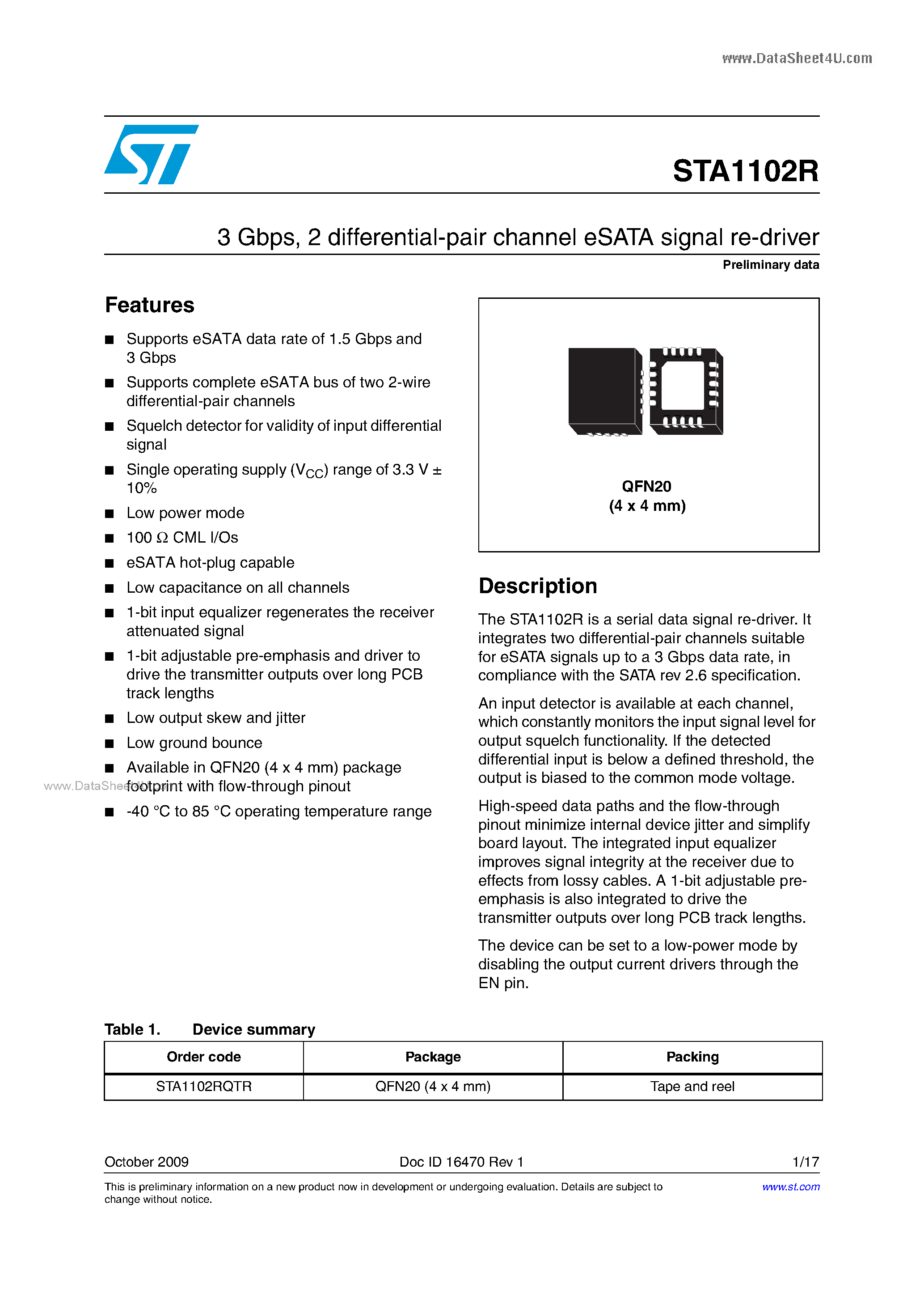 Datasheet STA1102R - 2 differential-pair channel eSATA signal re-driver page 1