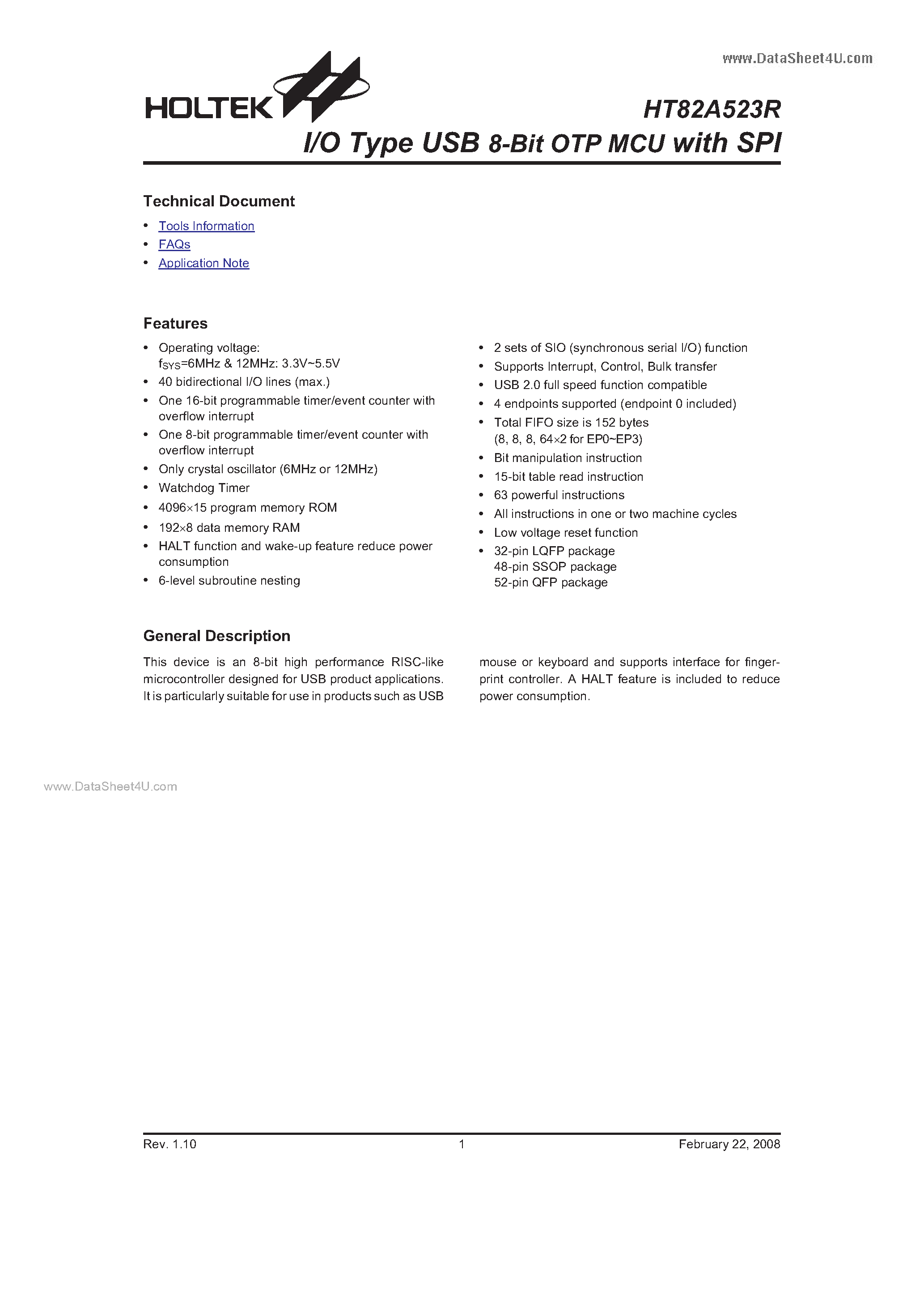 Datasheet HT82A523R - USB 2.0 Full Speed 8-Bit OTP MCU page 1