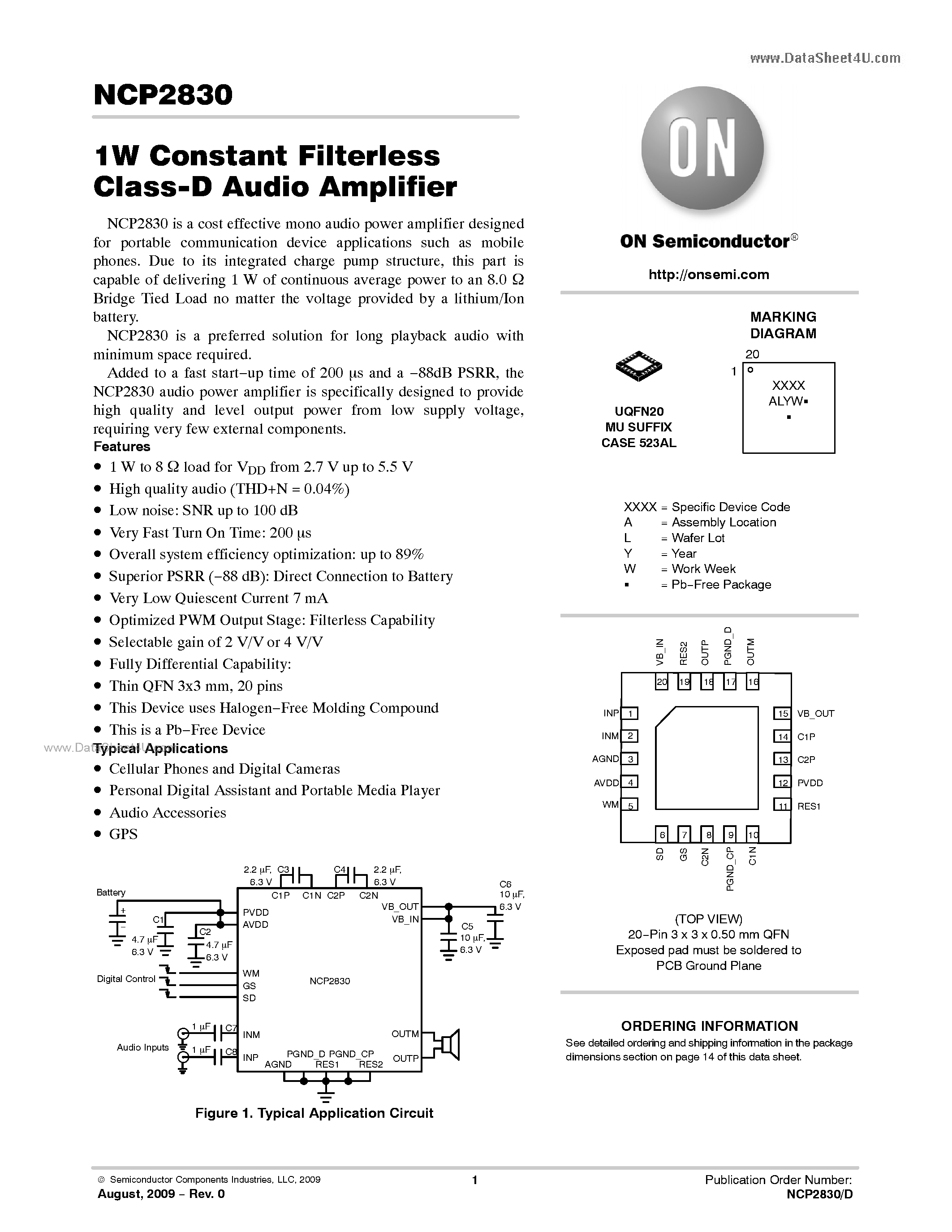 Даташит NCP2830 - Class D Audio Amplifier страница 1