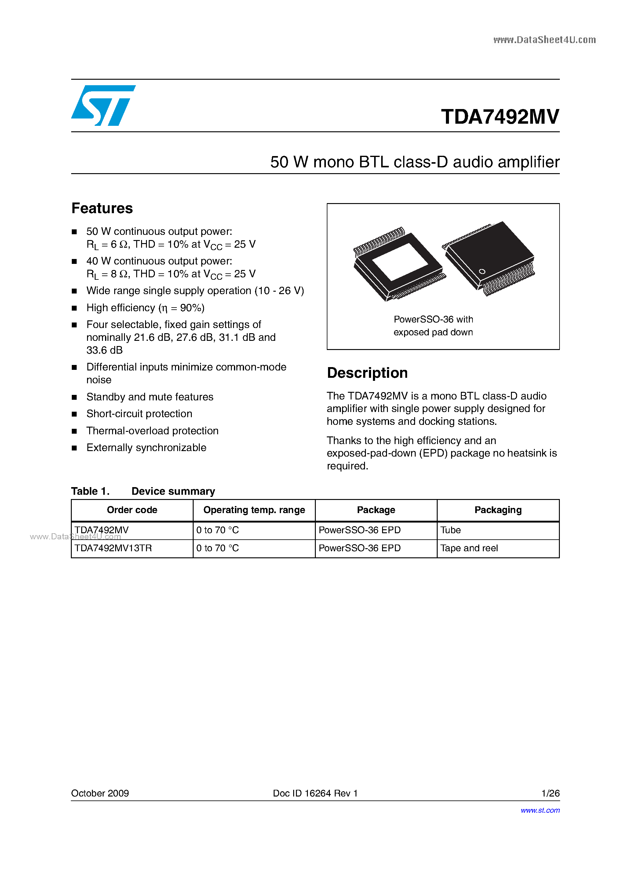 Datasheet TDA7492MV - 50W Mono BTL Class-D Audio Amplifier page 1