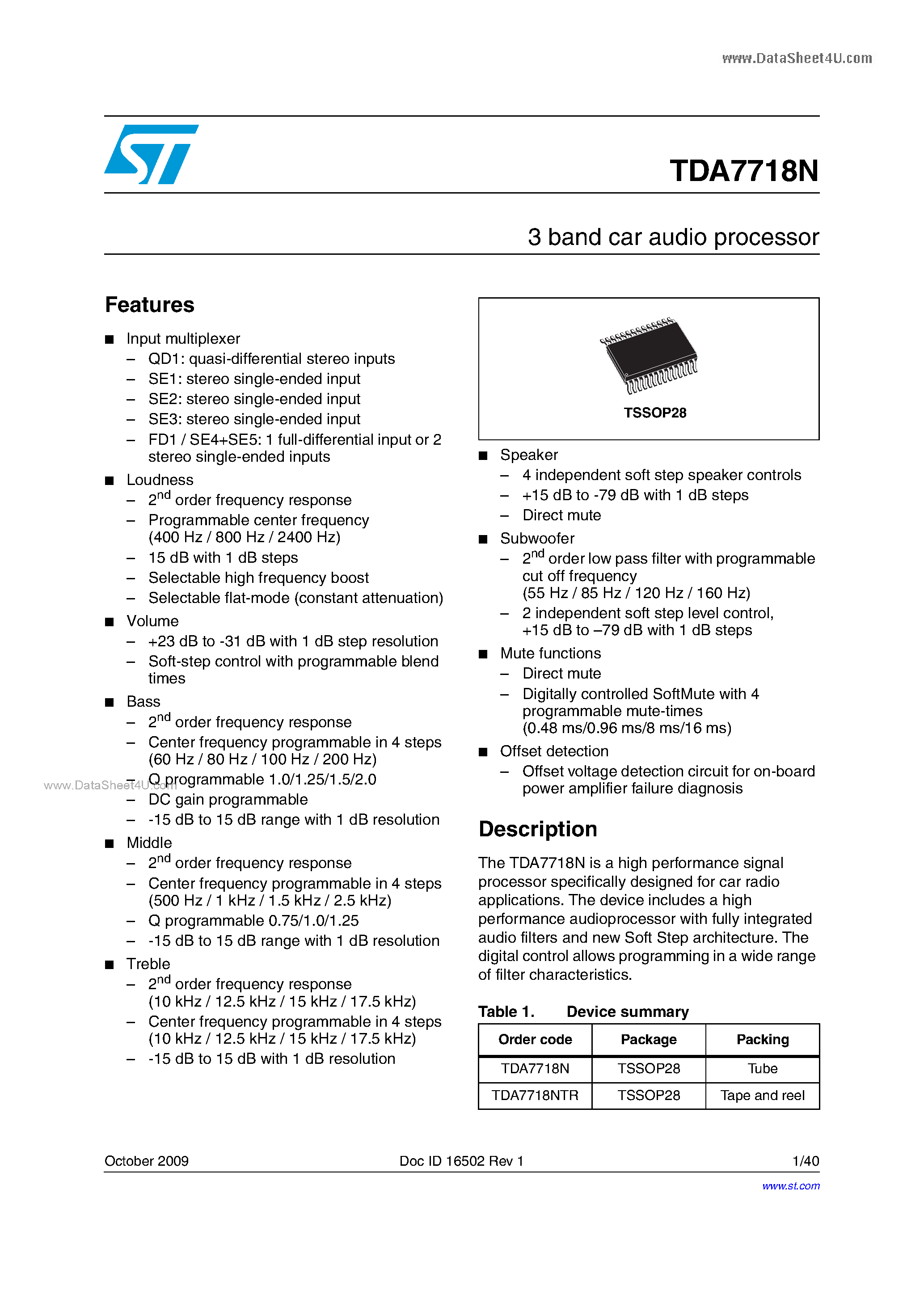 Datasheet TDA7718N - 3 band car audio processor page 1