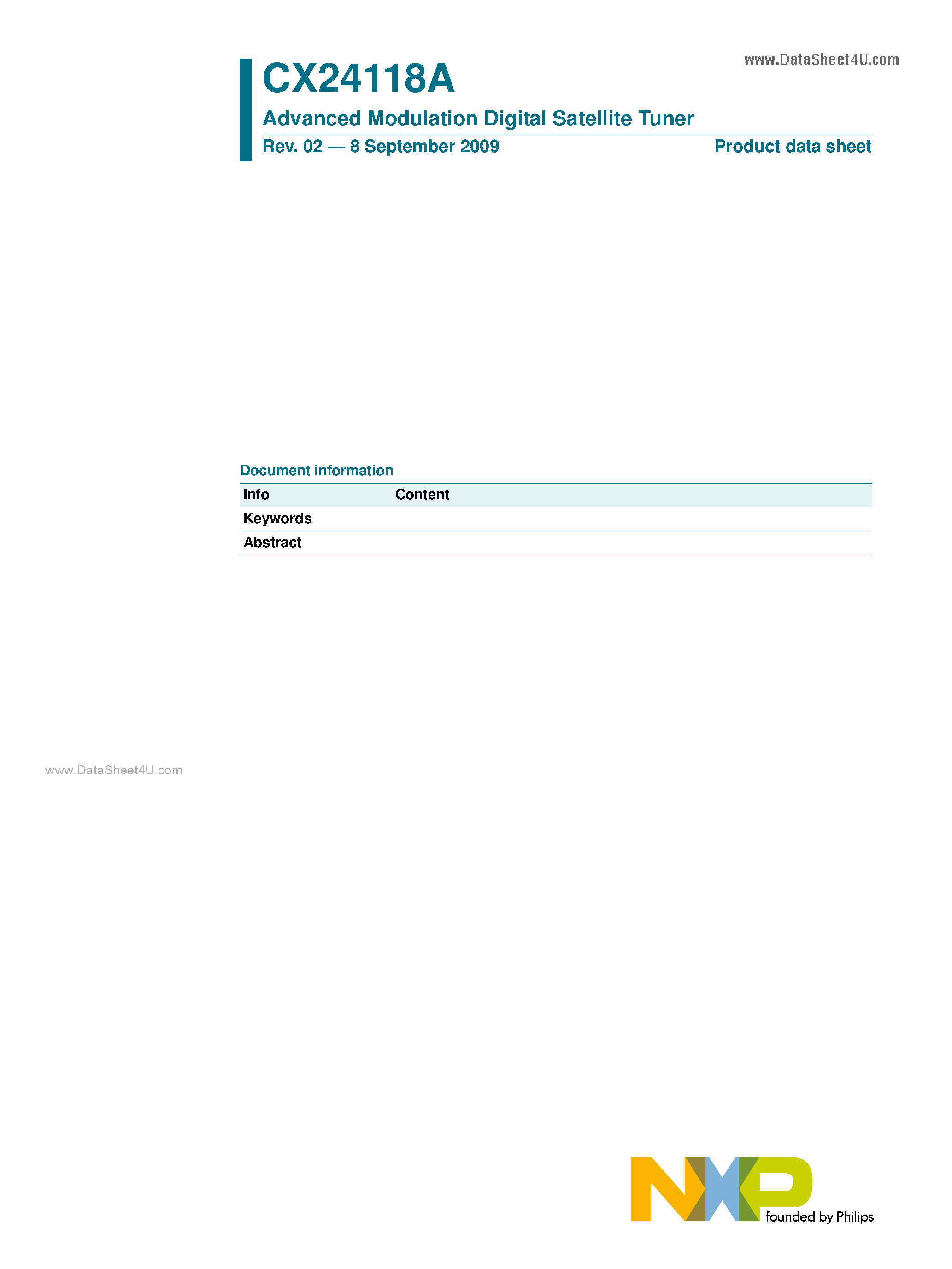 Datasheet CX24118A - Advanced Modulation Digital Satellite Tuner page 1