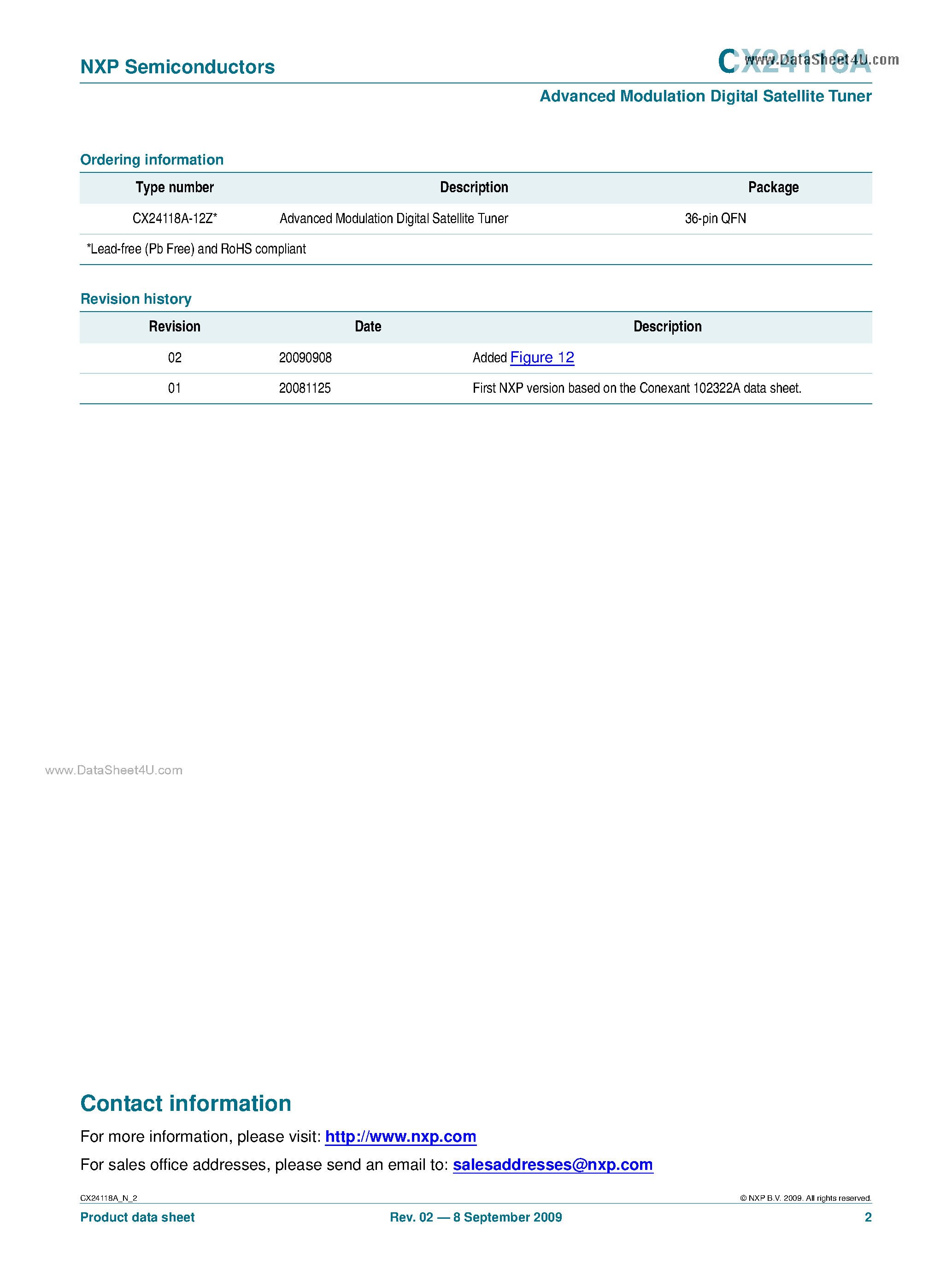 Datasheet CX24118A - Advanced Modulation Digital Satellite Tuner page 2