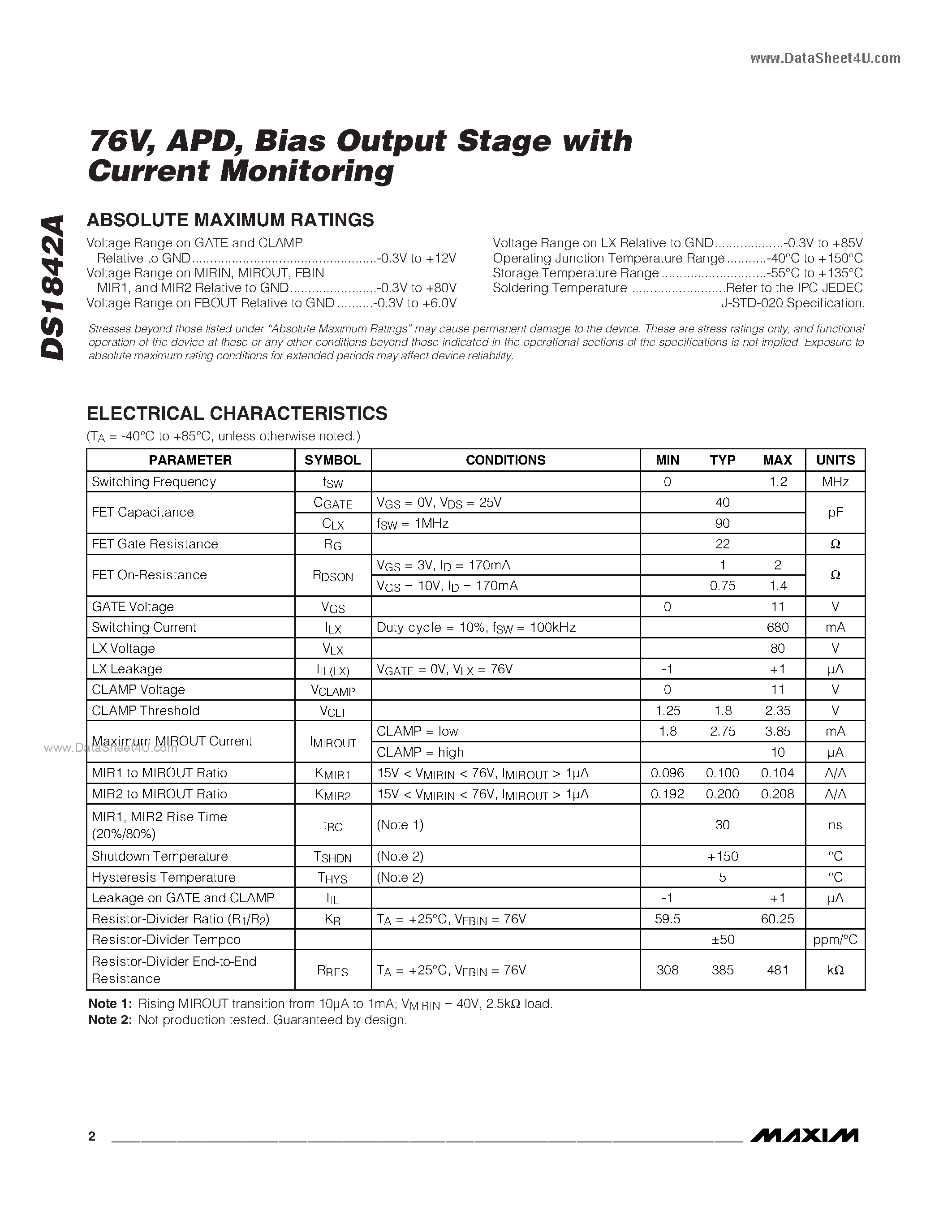 Datasheet DS1842A - Bias Output Stage page 2