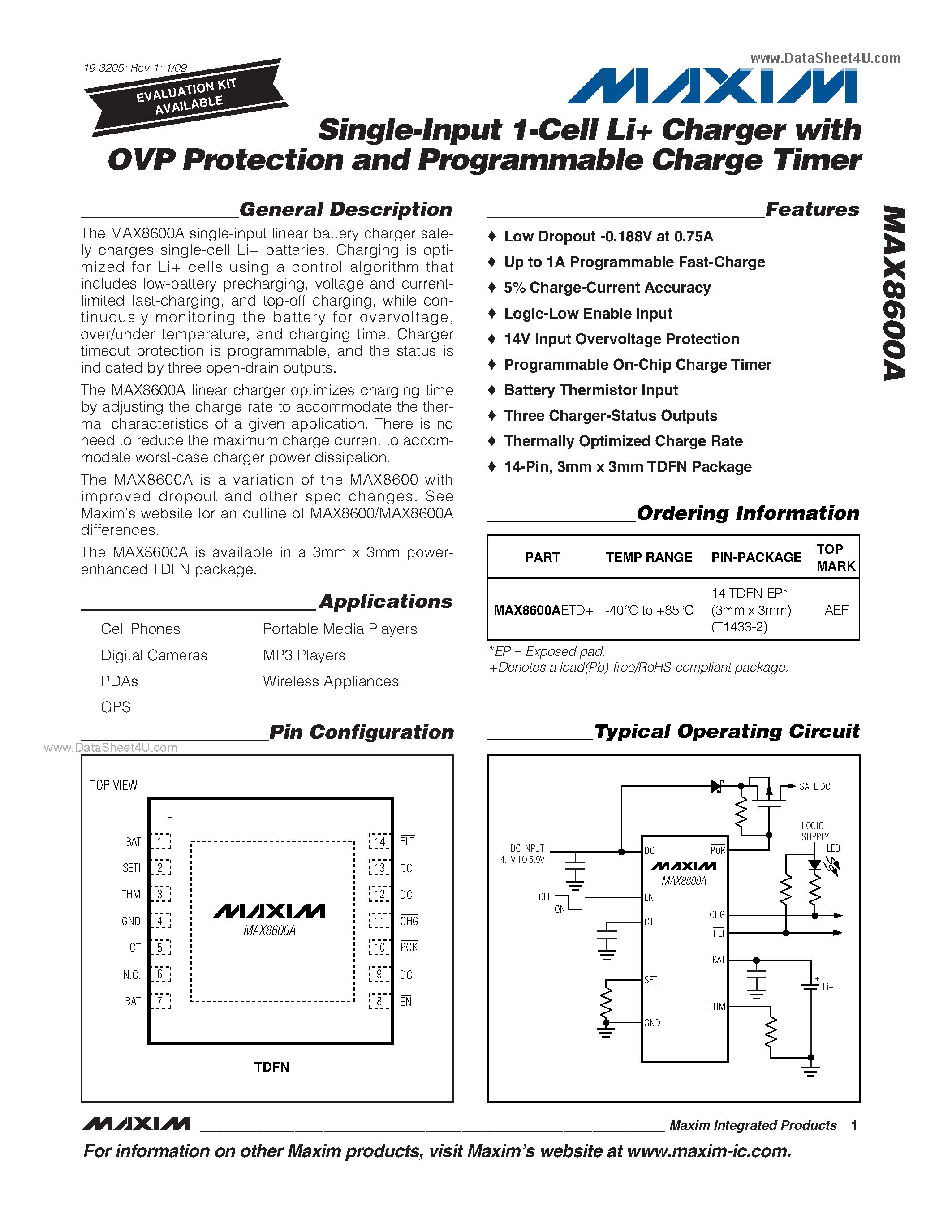 Datasheet MAX8600A - Single-Input 1-Cell Li+ Charger page 1