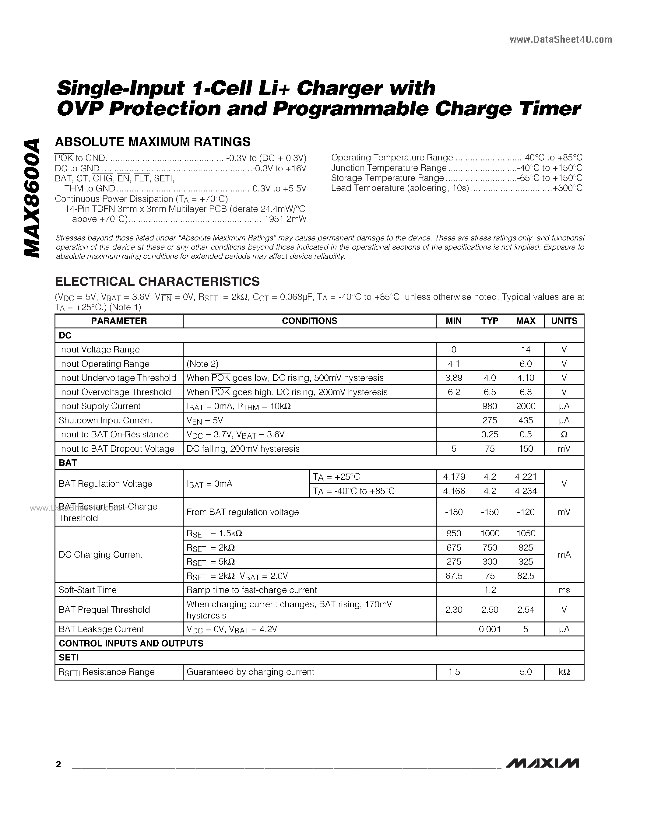 Datasheet MAX8600A - Single-Input 1-Cell Li+ Charger page 2