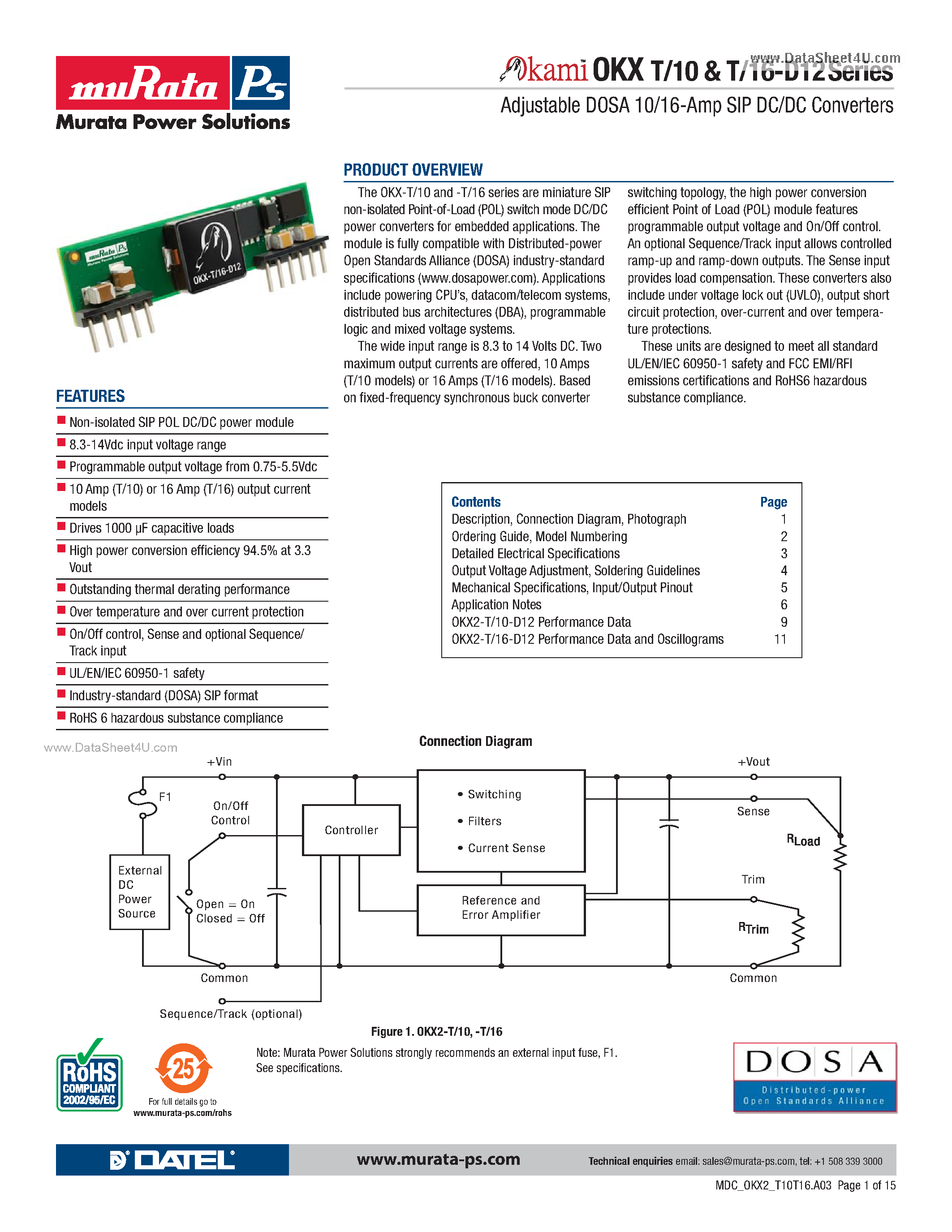 Datasheet OKX-T/10-D12 - Adjustable DOSA 10/16-Amp SIP DC/DC Converters page 1