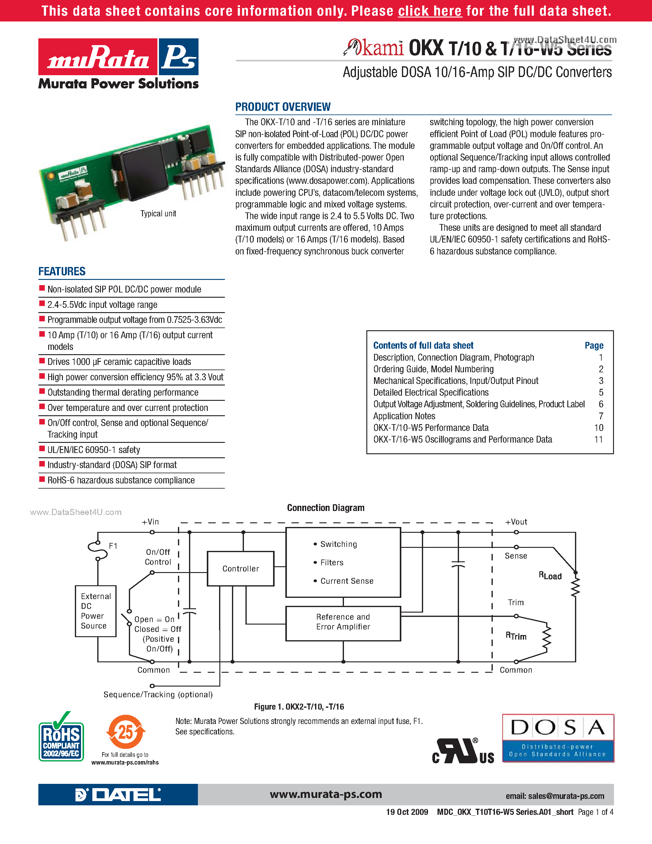Datasheet OKX-T/10-W5 - Adjustable DOSA 10/16-Amp SIP DC/DC Converters page 1