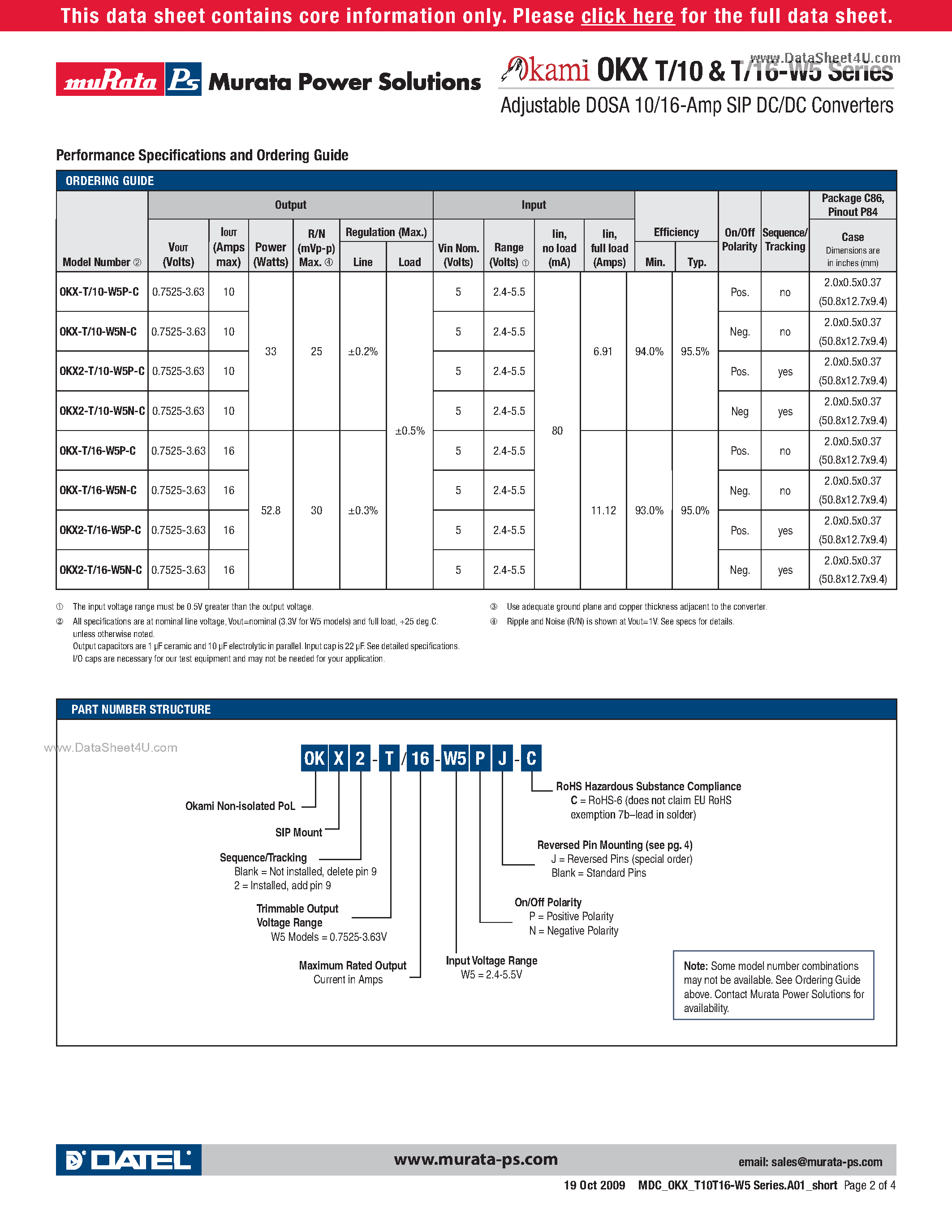 Datasheet OKX-T/10-W5 - Adjustable DOSA 10/16-Amp SIP DC/DC Converters page 2