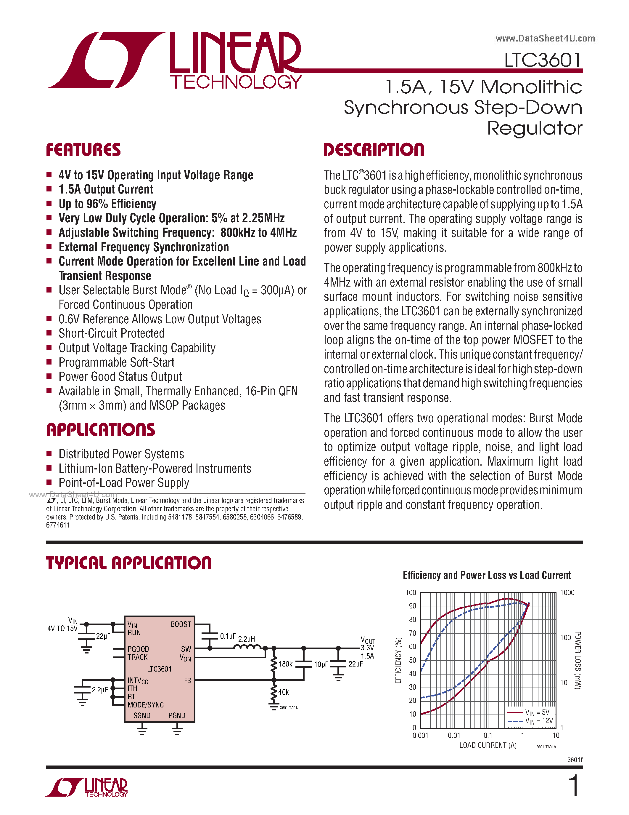 Datasheet LTC3601 - 15V Monolithic Synchronous Step-Down Regulator page 1
