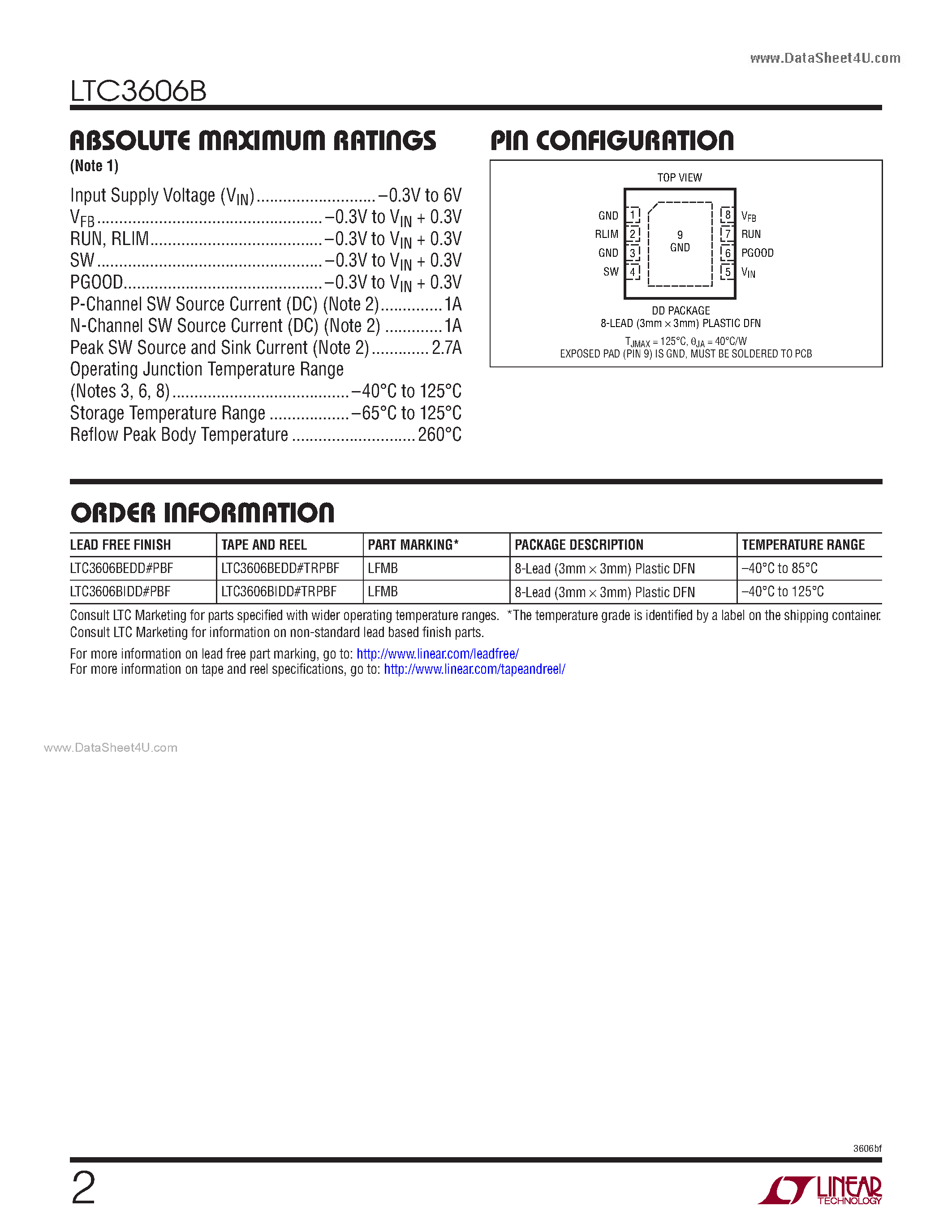 Datasheet LTC3606B - 800mA Synchronous Step-Down DC/DC page 2