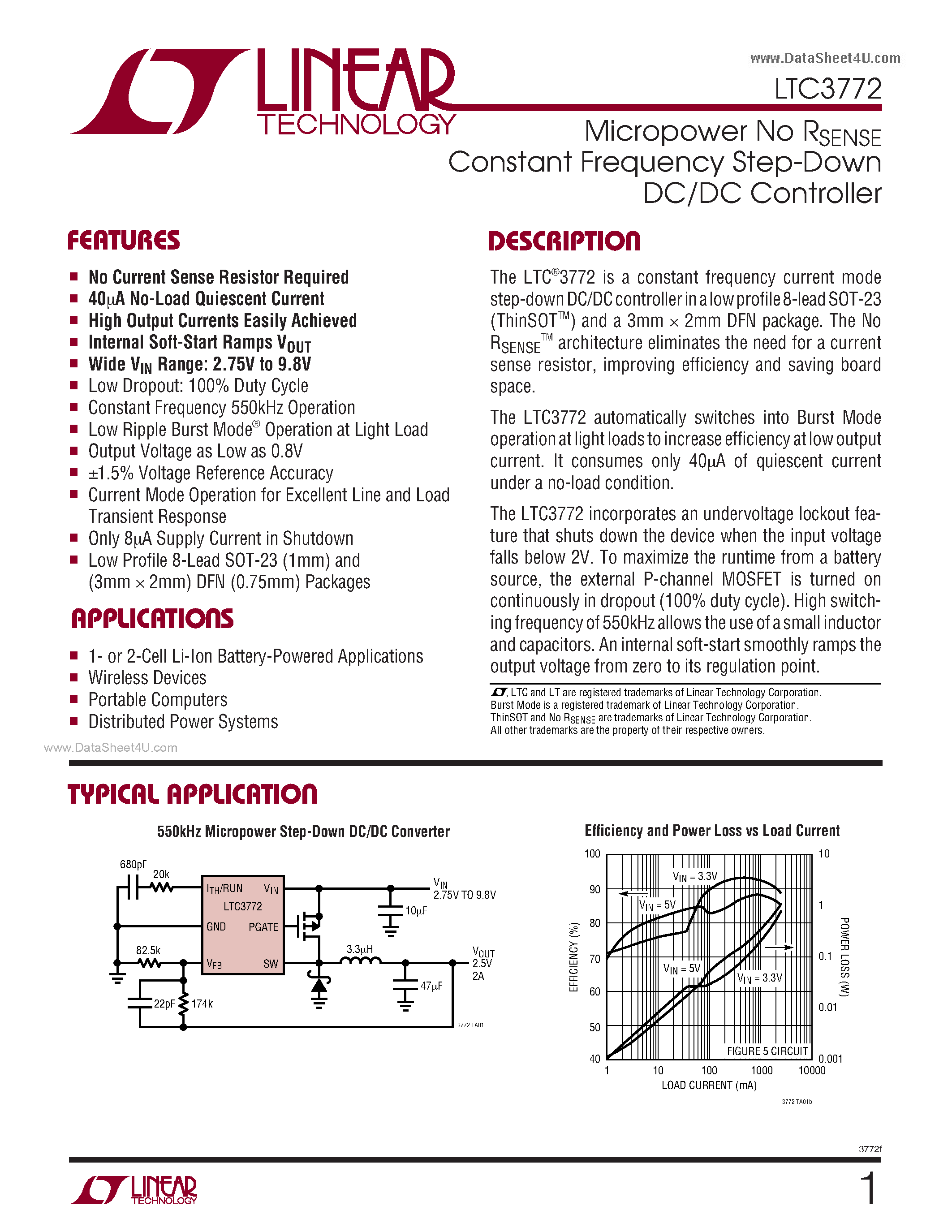 Datasheet LTC3772 - Micropower No RSENSE Constant Frequency Step-Down DC/DC Controller page 1