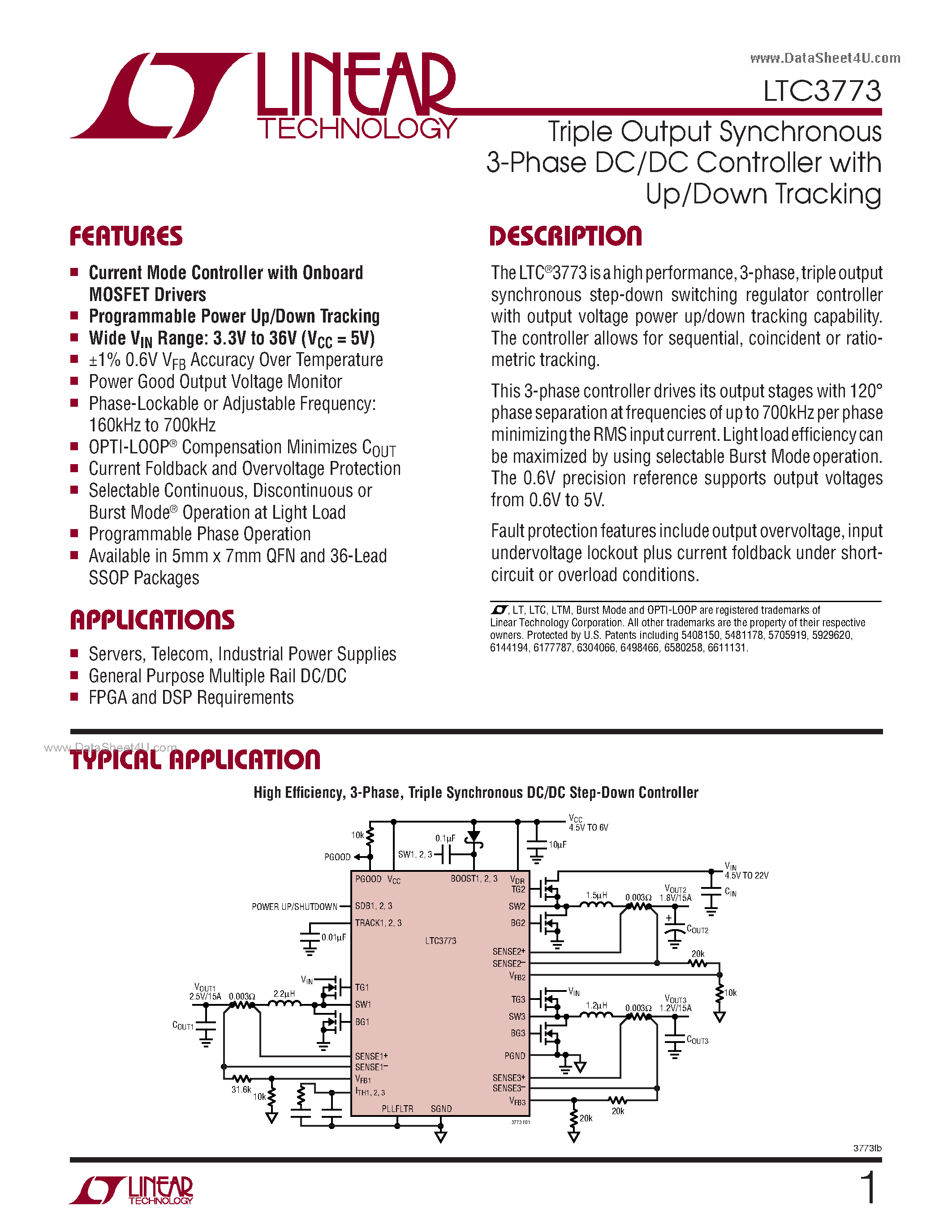 Datasheet LTC3773 - Triple Output Synchronous 3-Phase DC/DC Controller page 1