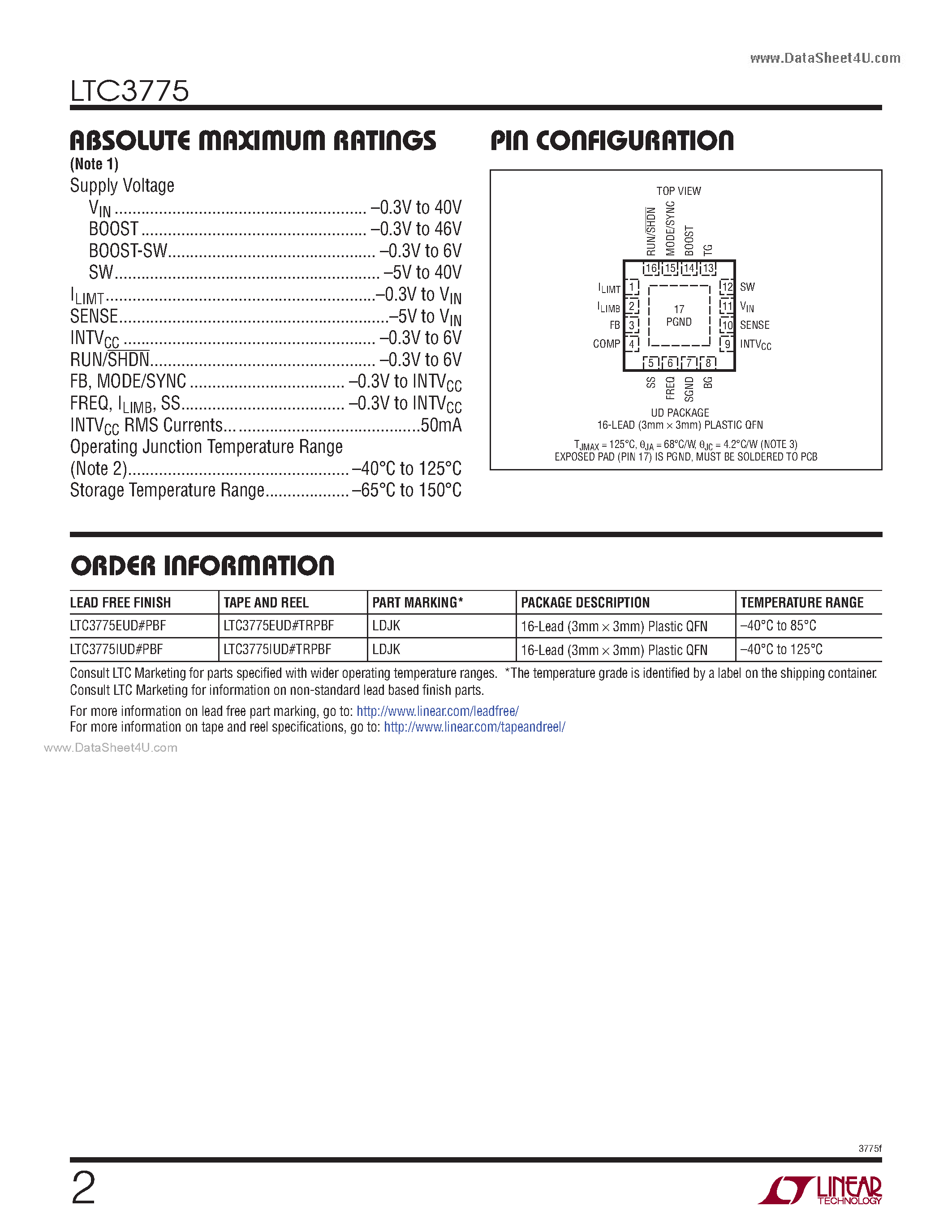 Datasheet LTC3775 - High Frequency Synchronous Step-Down Voltage Mode DC/DC Controller page 2