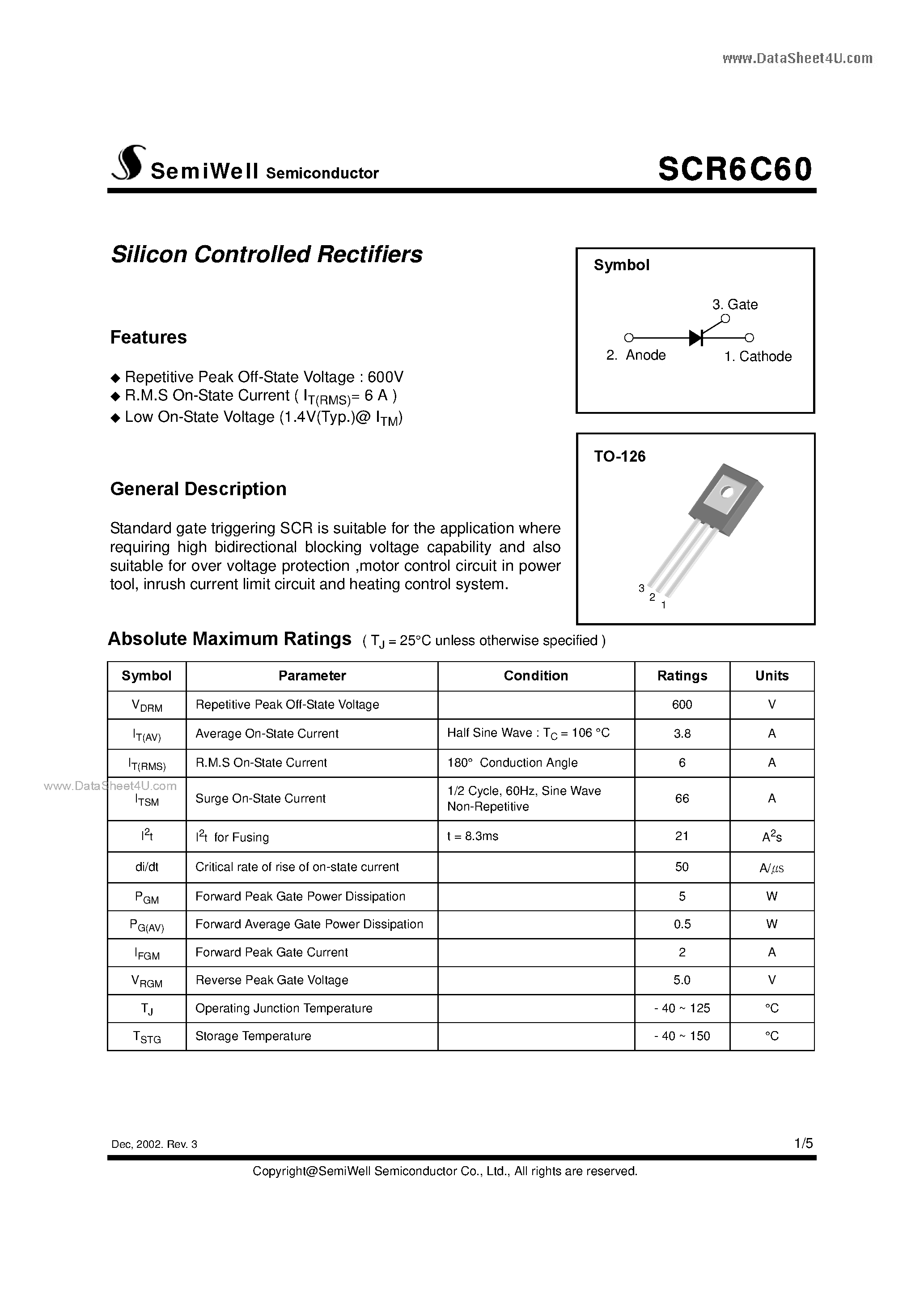 Datasheet SCR6C60 page 1 Datasheet SCR6C60 - Silicon Controlled Rectifiers page 1