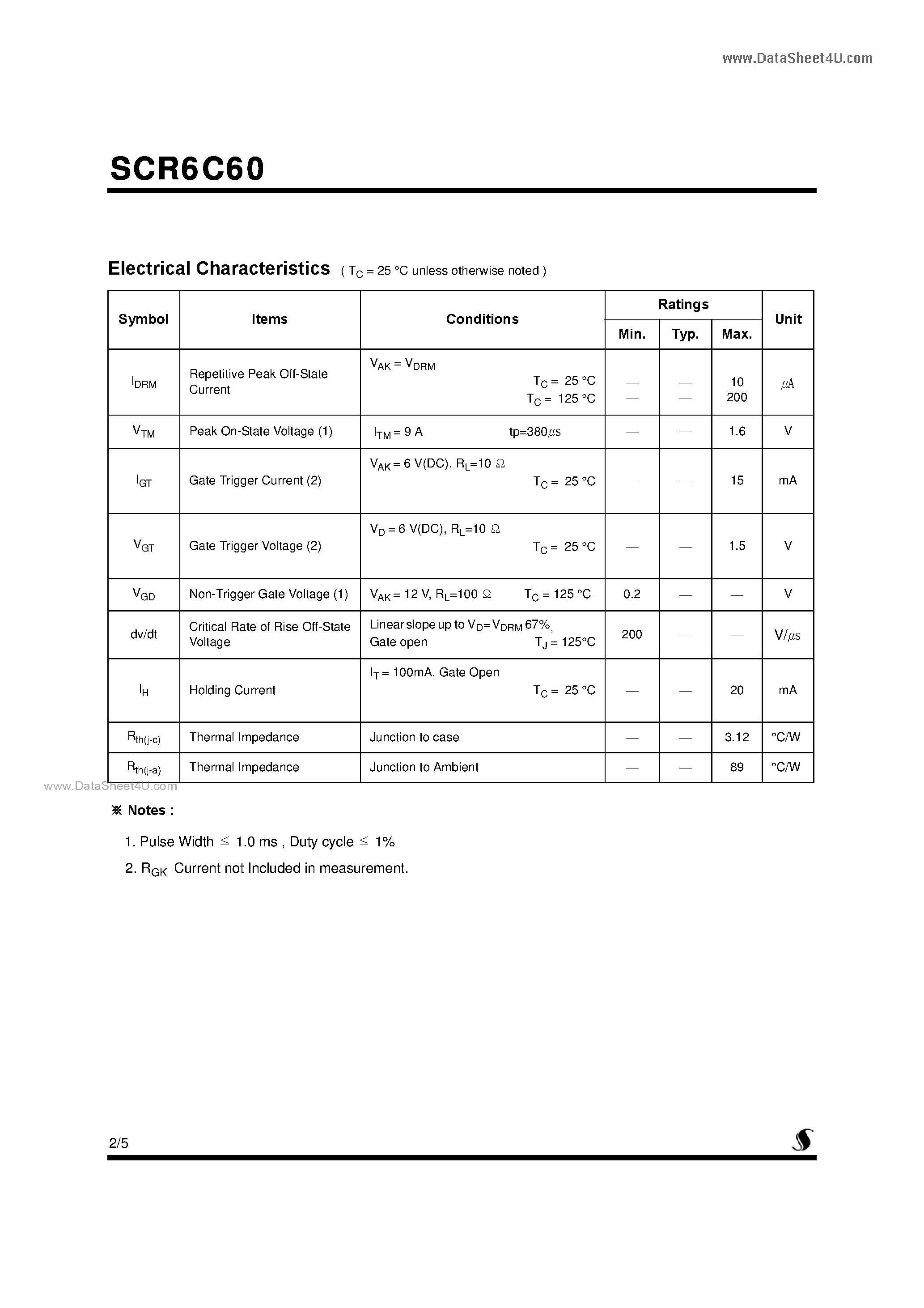 Datasheet SCR6C60 page 2 Datasheet SCR6C60 - Silicon Controlled Rectifiers page 2